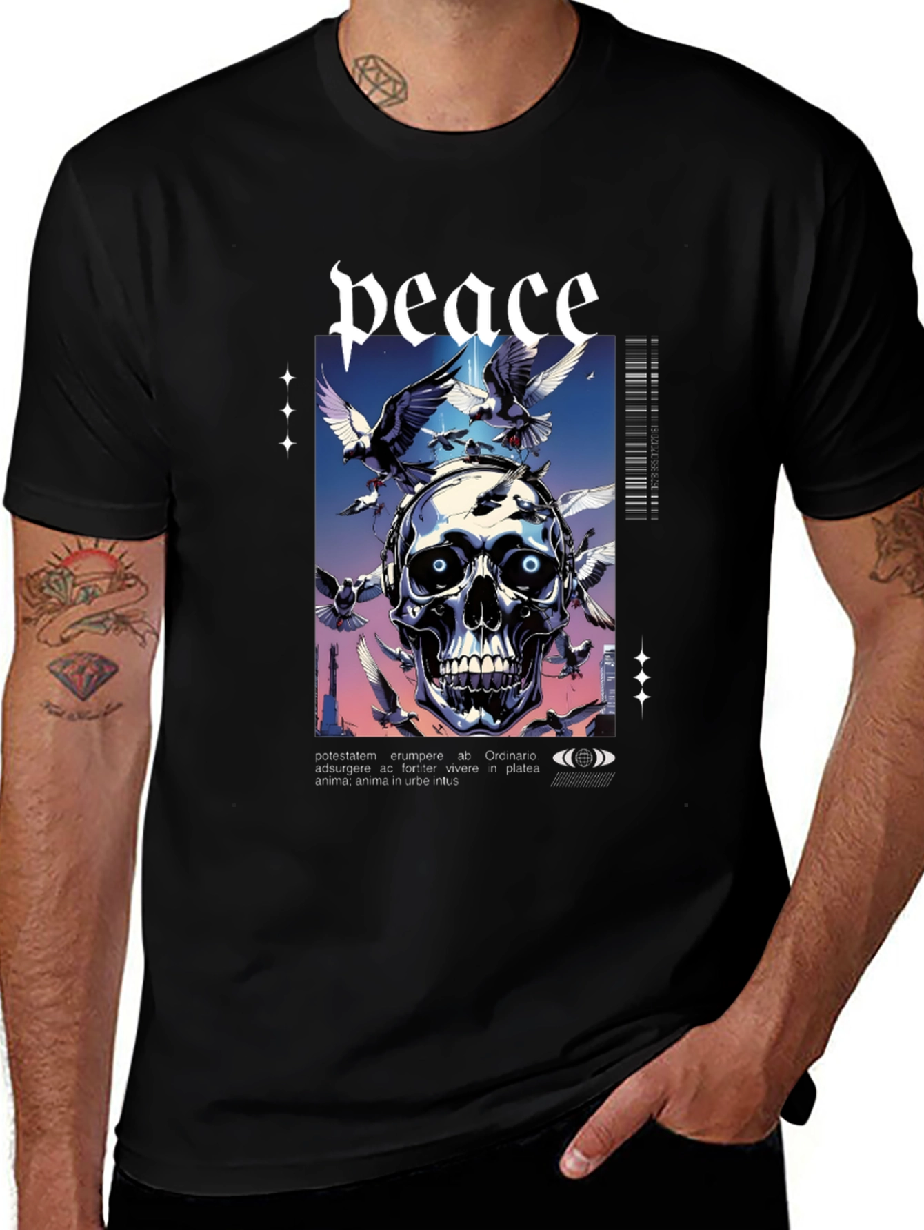 Peace Skull Graphic Print Tee - Mens Black T-Shirt