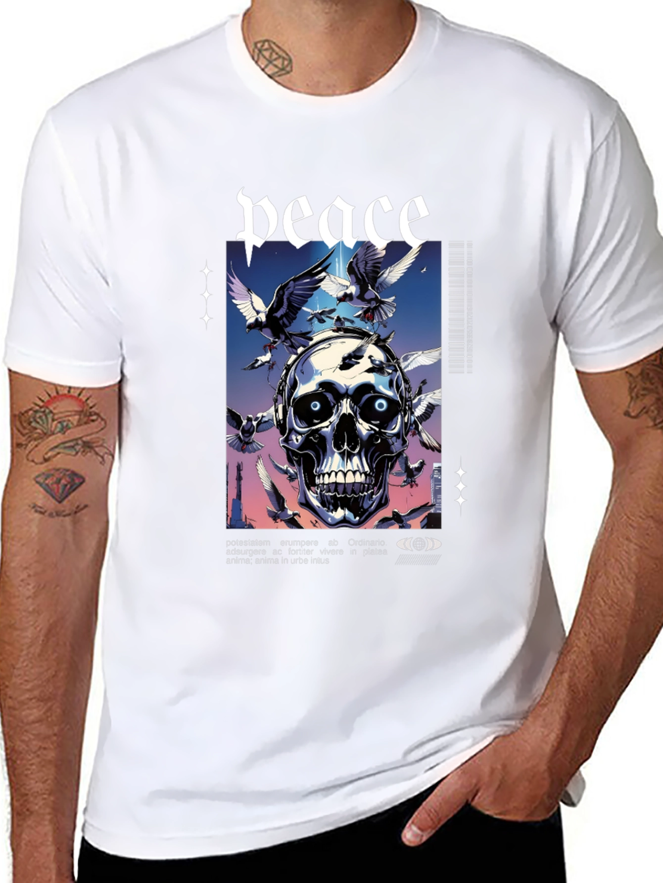 Peace Skull Graphic Print Tee - Mens Black T-Shirt
