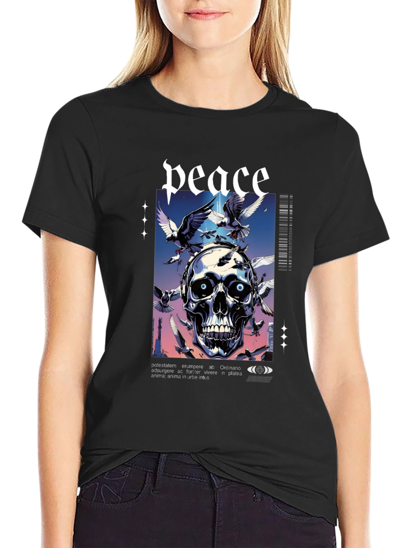 Peace Skull Graphic Print Tee - Mens Black T-Shirt