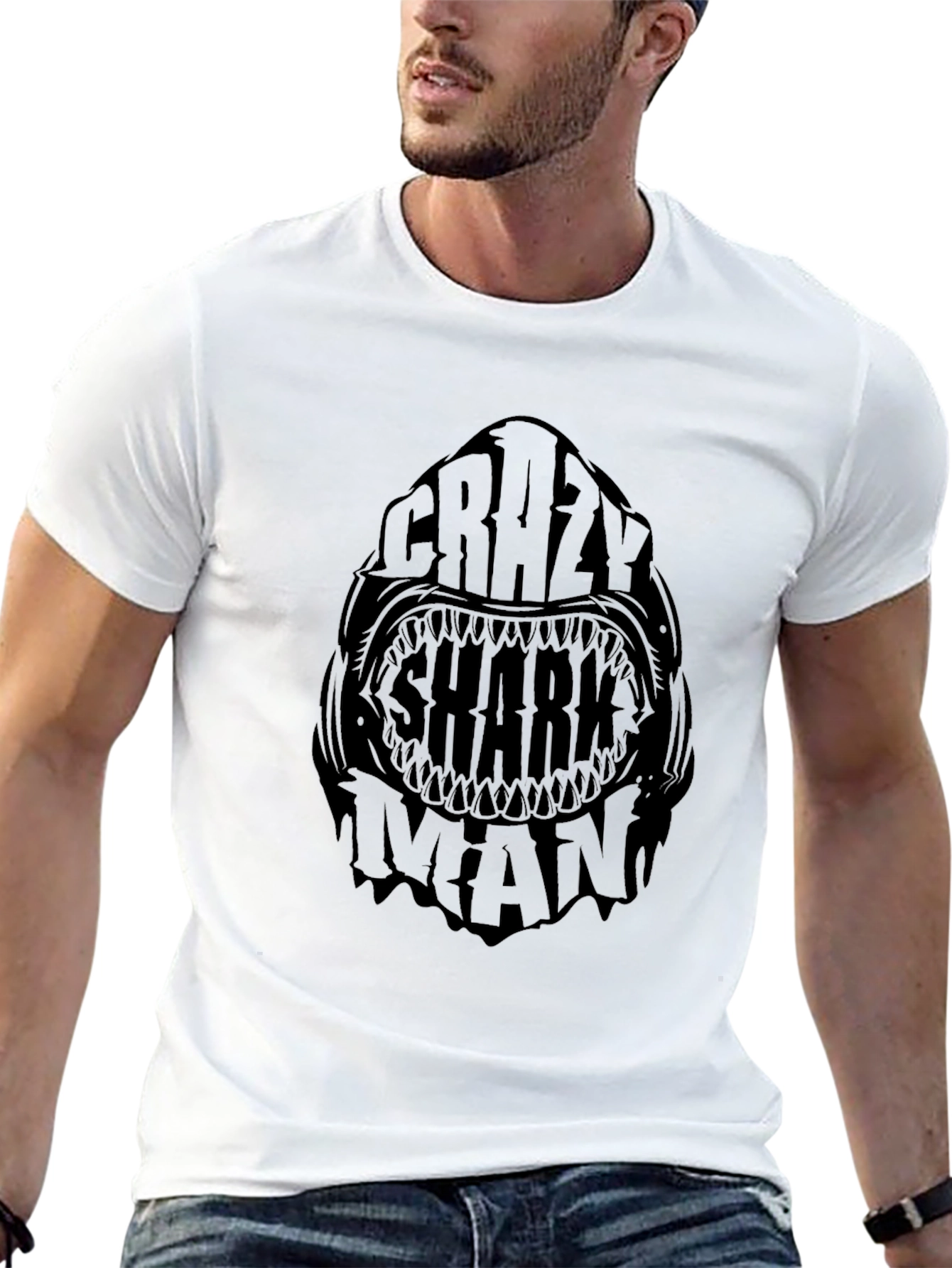 Crazy Shark Man Black Graphic Tee