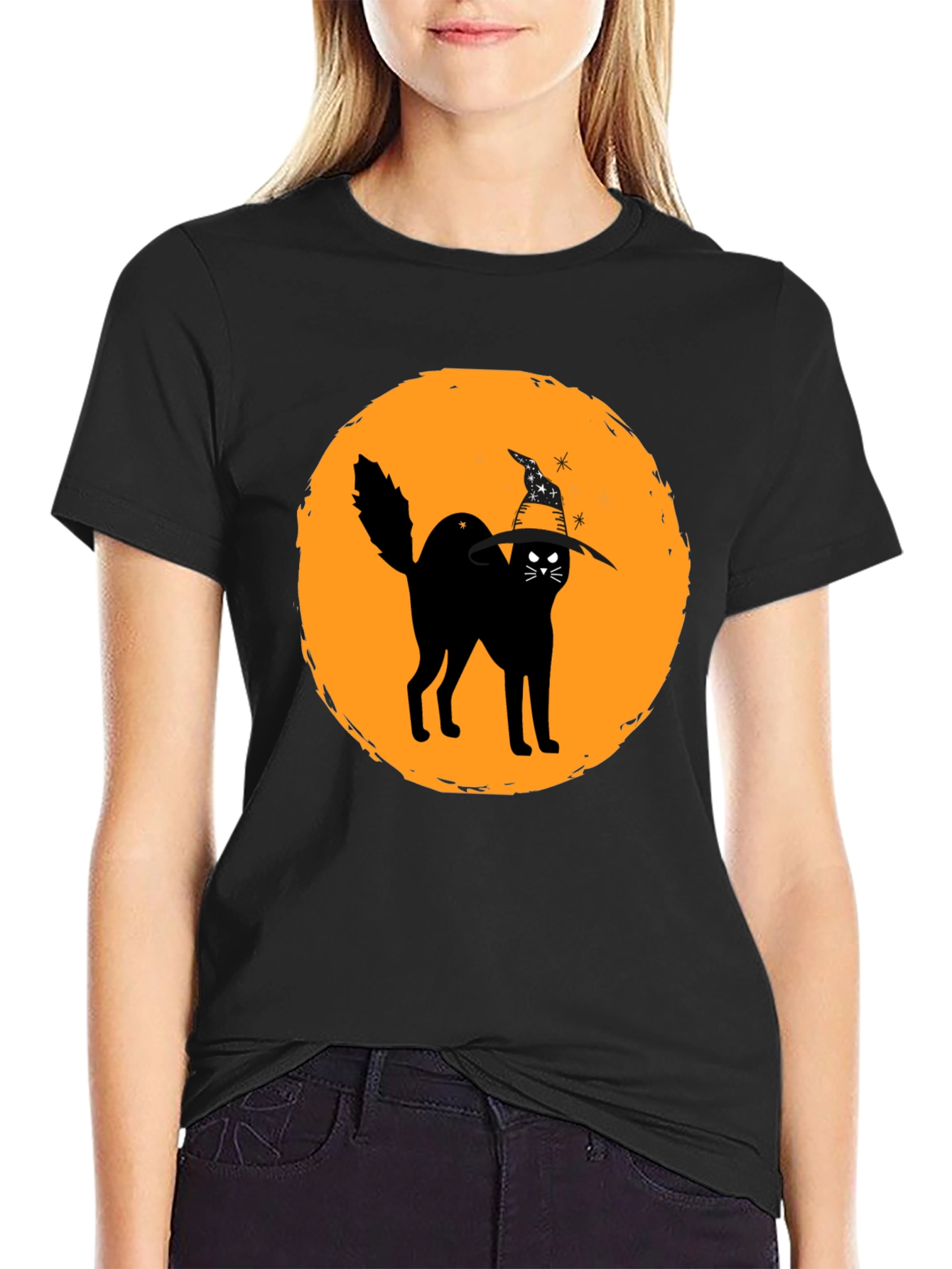 Halloween Cat Graphic Tee - Unisex Black T-Shirt
