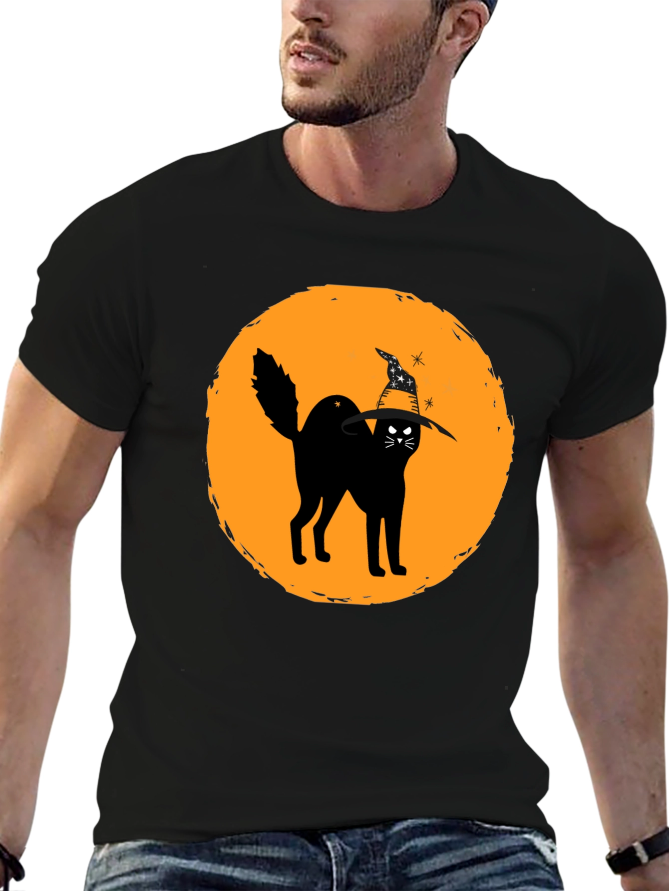Halloween Cat Graphic Tee - Unisex Black T-Shirt