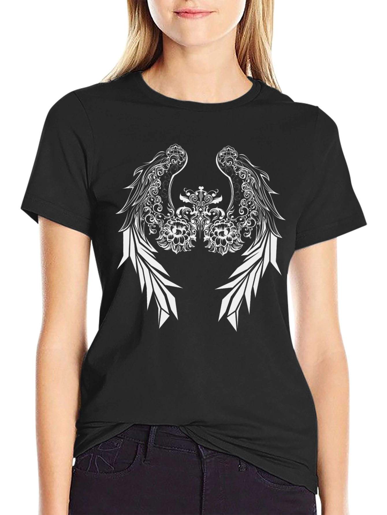 Black Tee with Winged Floral Design