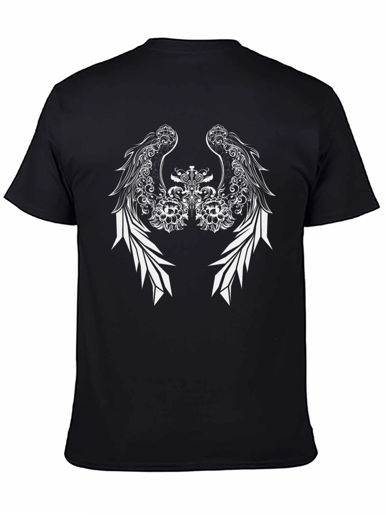 Black Tee with Winged Floral Design