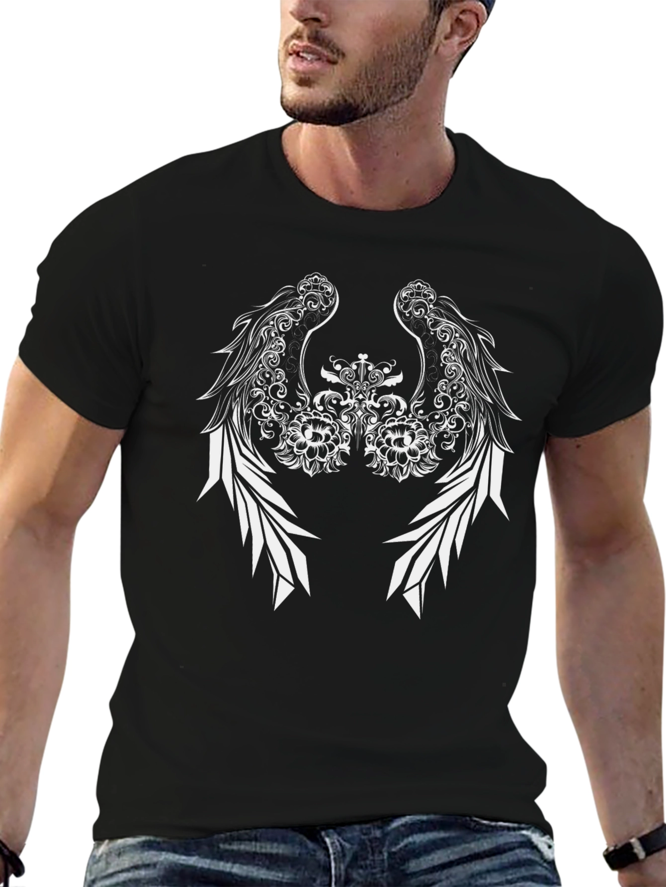 Black Tee with Winged Floral Design