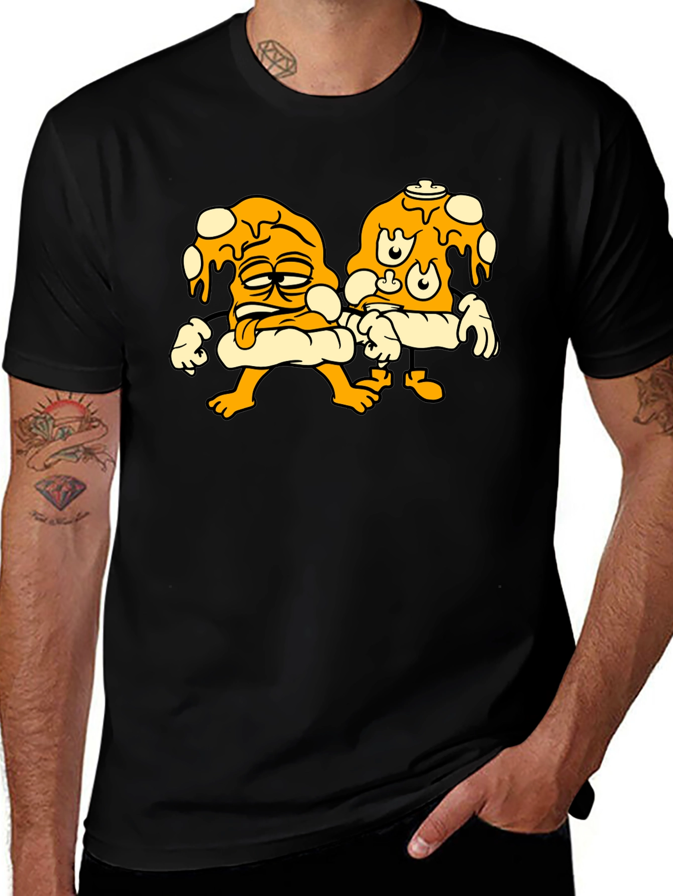 Cartoon Pizza Slice Graphic Black T-Shirt