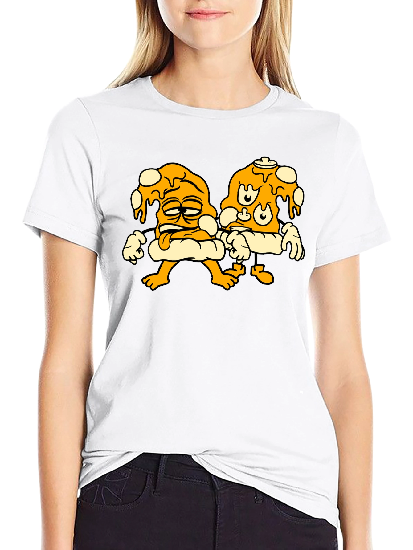 Cartoon Pizza Slice Graphic Black T-Shirt