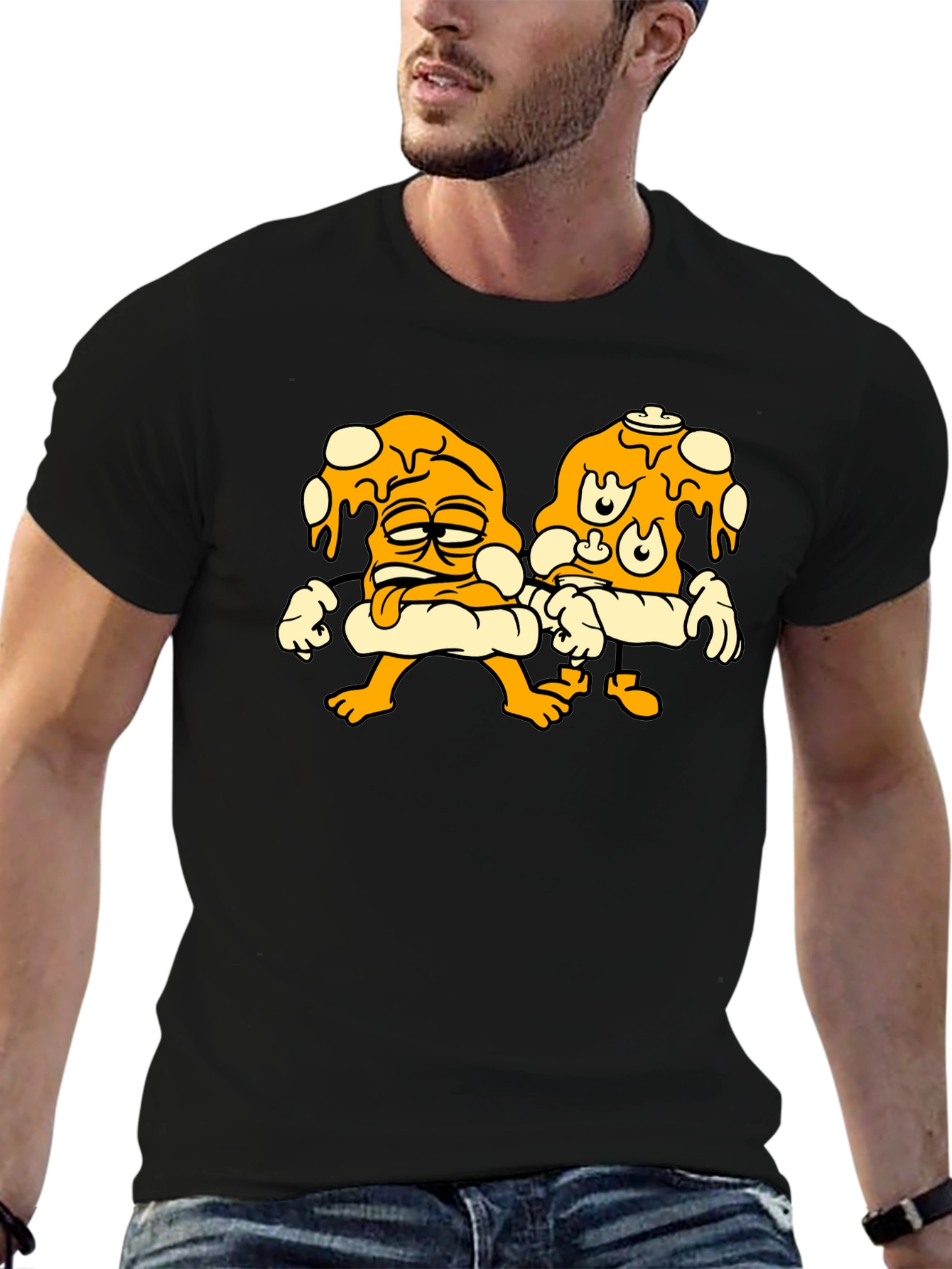 Cartoon Pizza Slice Graphic Black T-Shirt