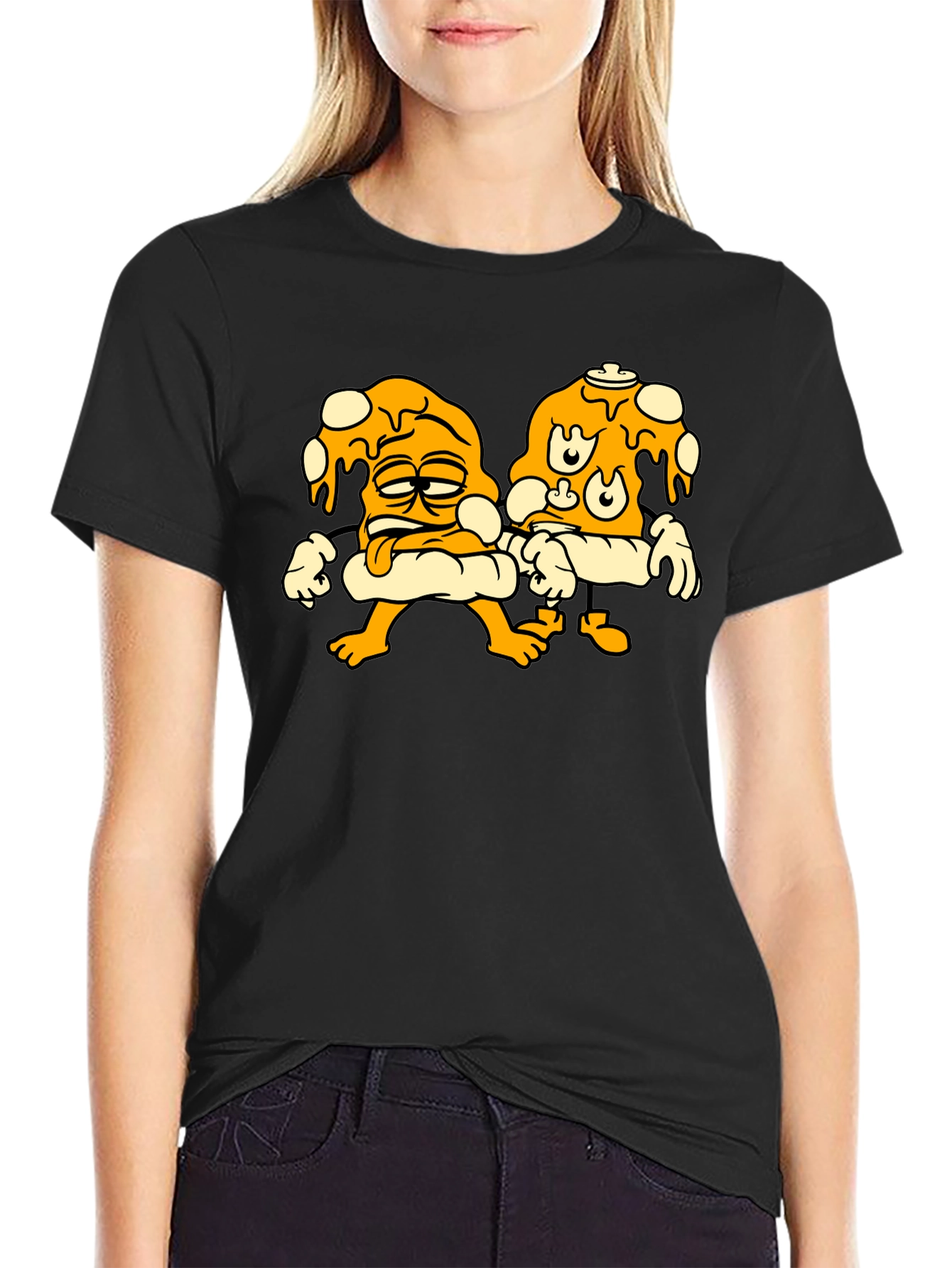 Cartoon Pizza Slice Graphic Black T-Shirt