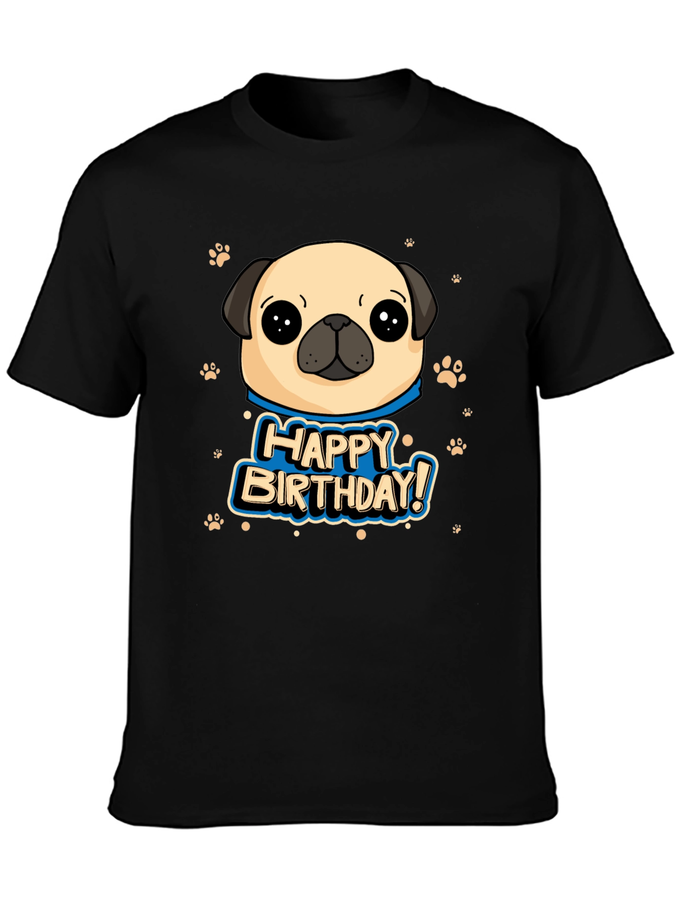 Pug Happy Birthday Black T-Shirt