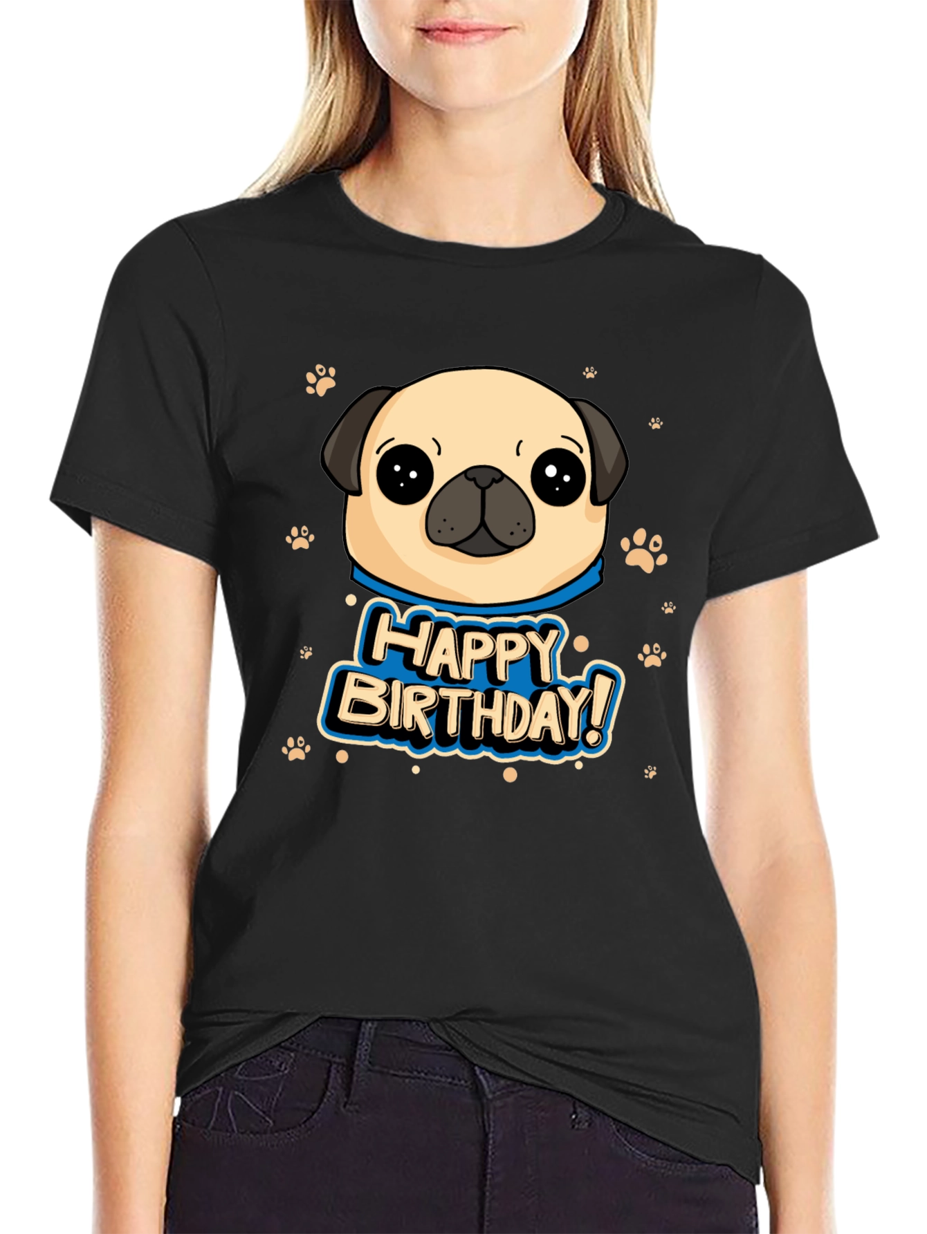 Pug Happy Birthday Black T-Shirt