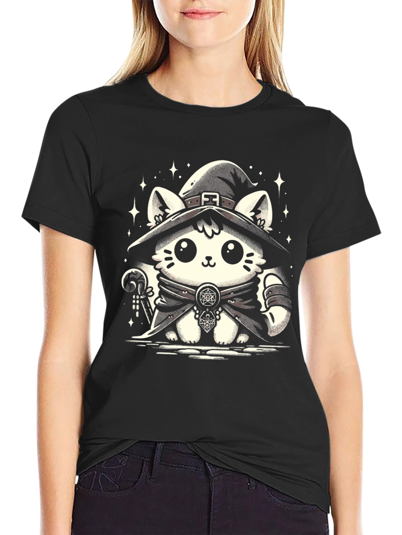 Witch Cat Graphic Tee - Black Cotton T-Shirt