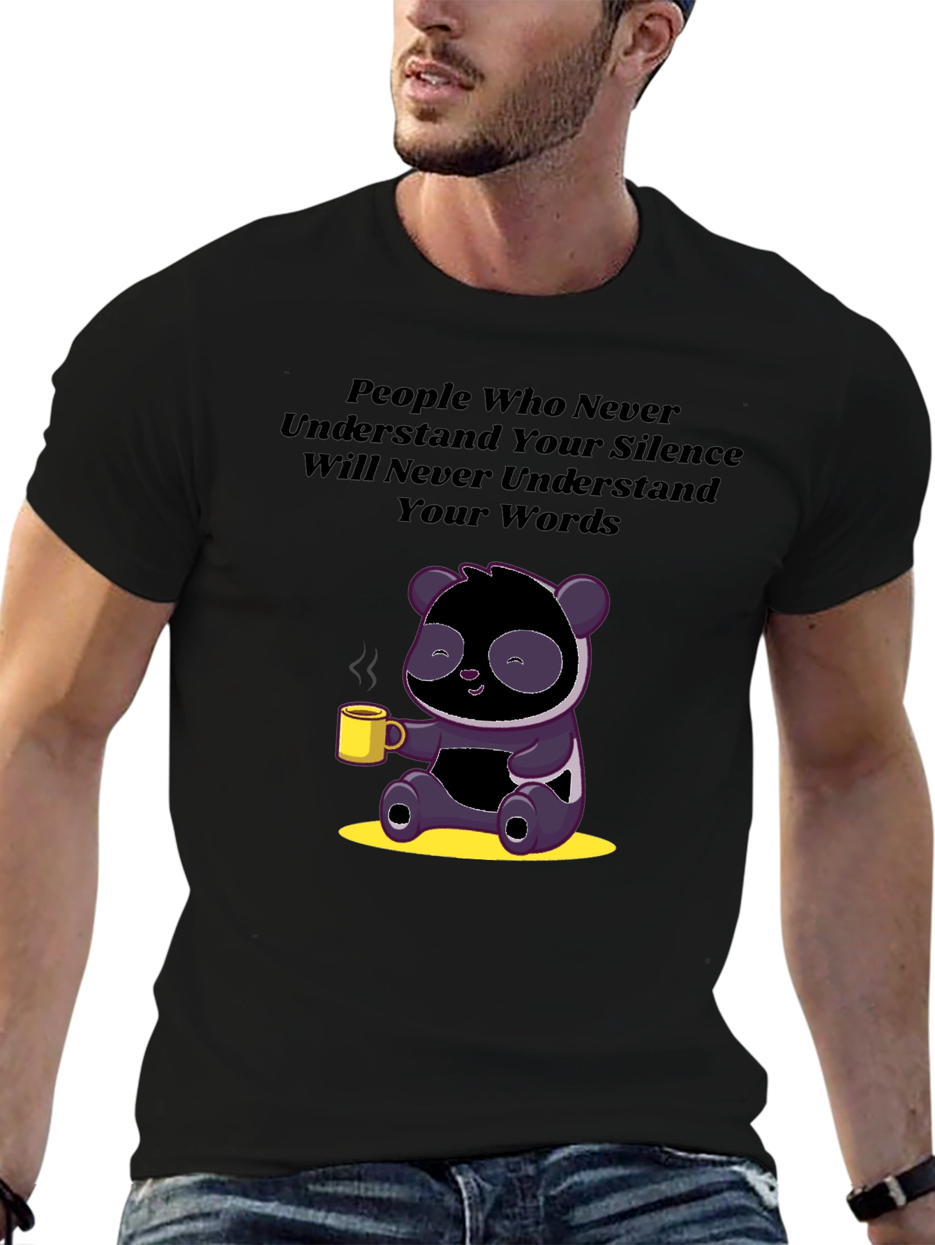 Silence & Words T-Shirt: Panda with Coffee