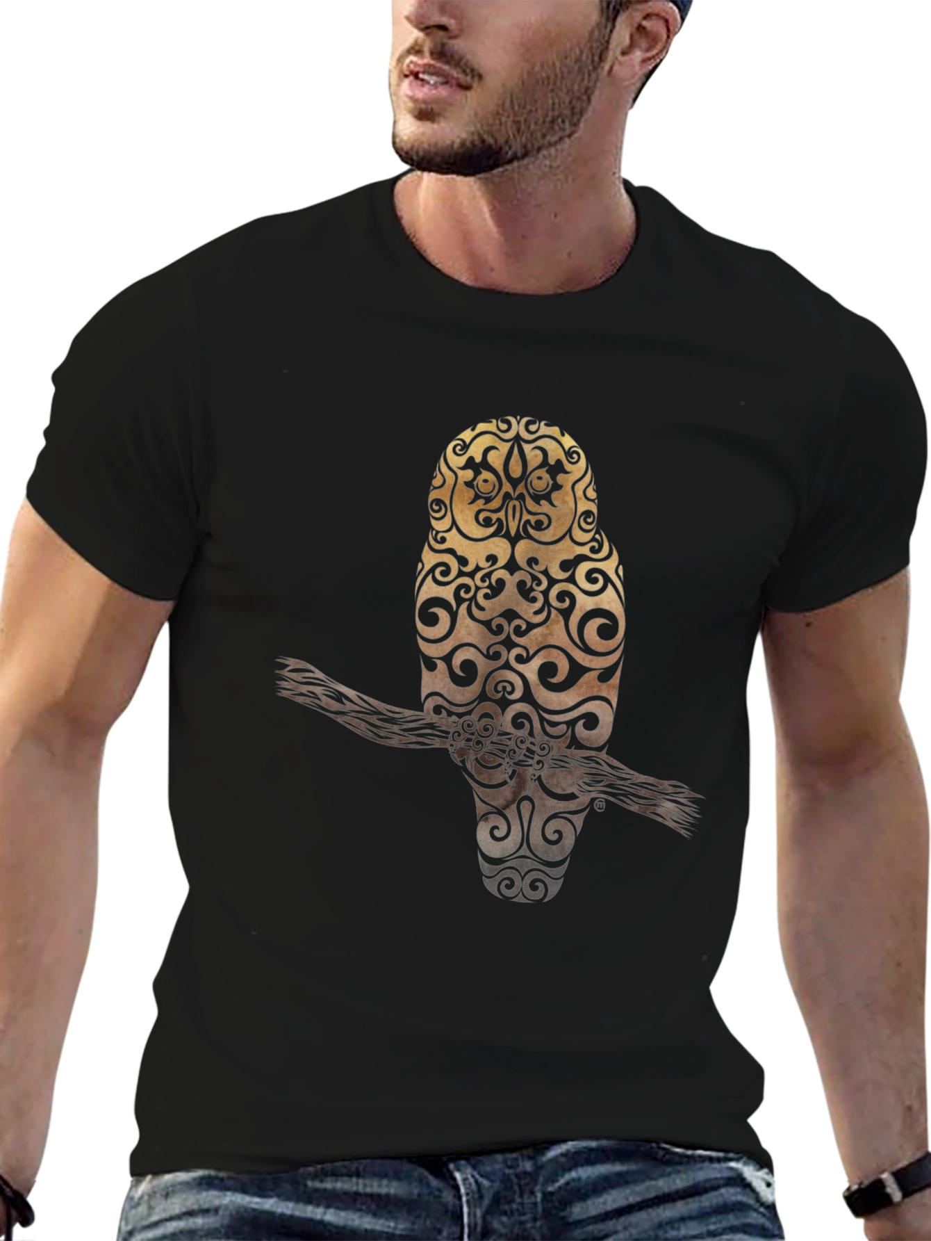 Owl Design Black T-Shirt