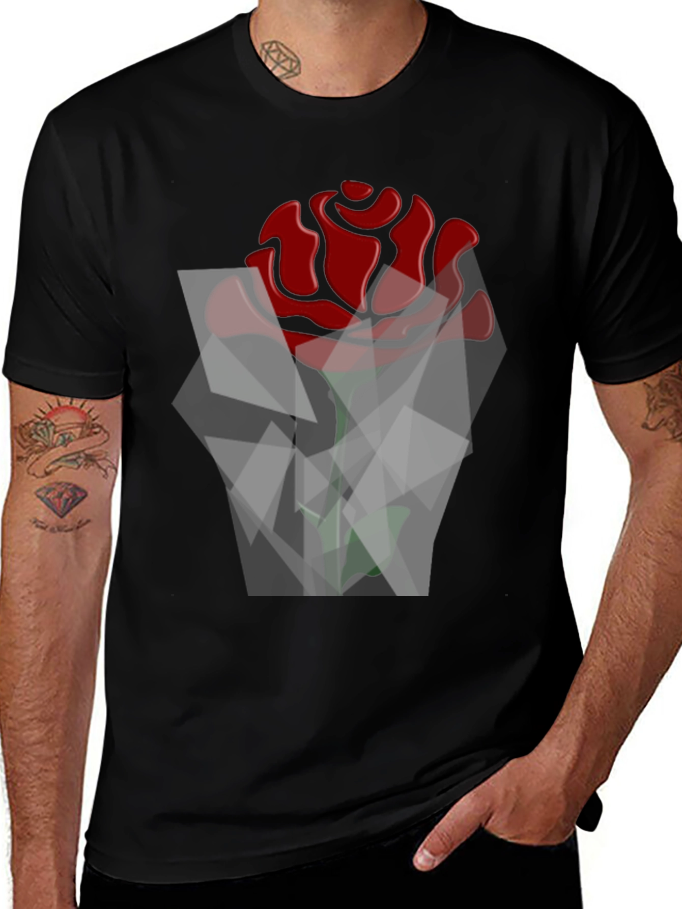 Geometric Rose Graphic Black T-Shirt