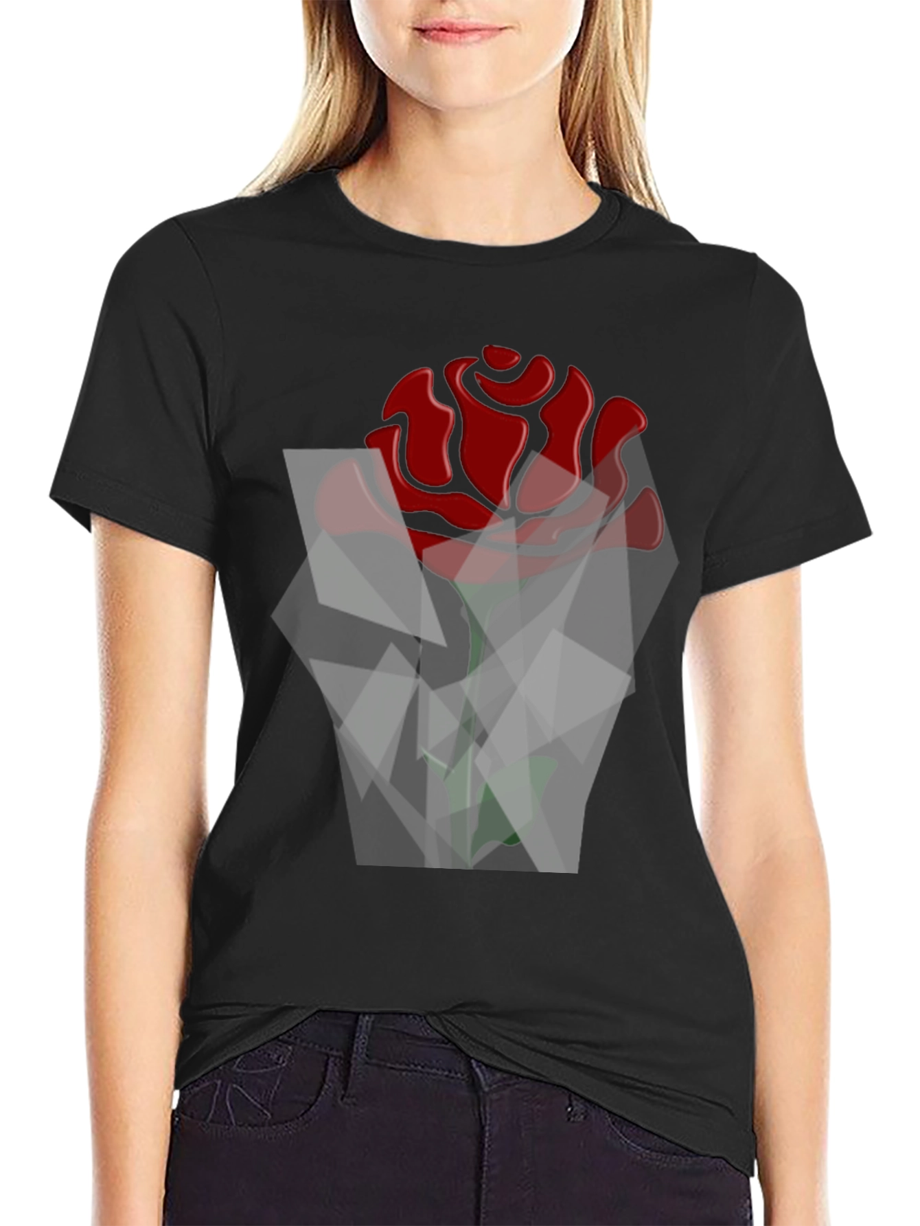 Geometric Rose Graphic Black T-Shirt