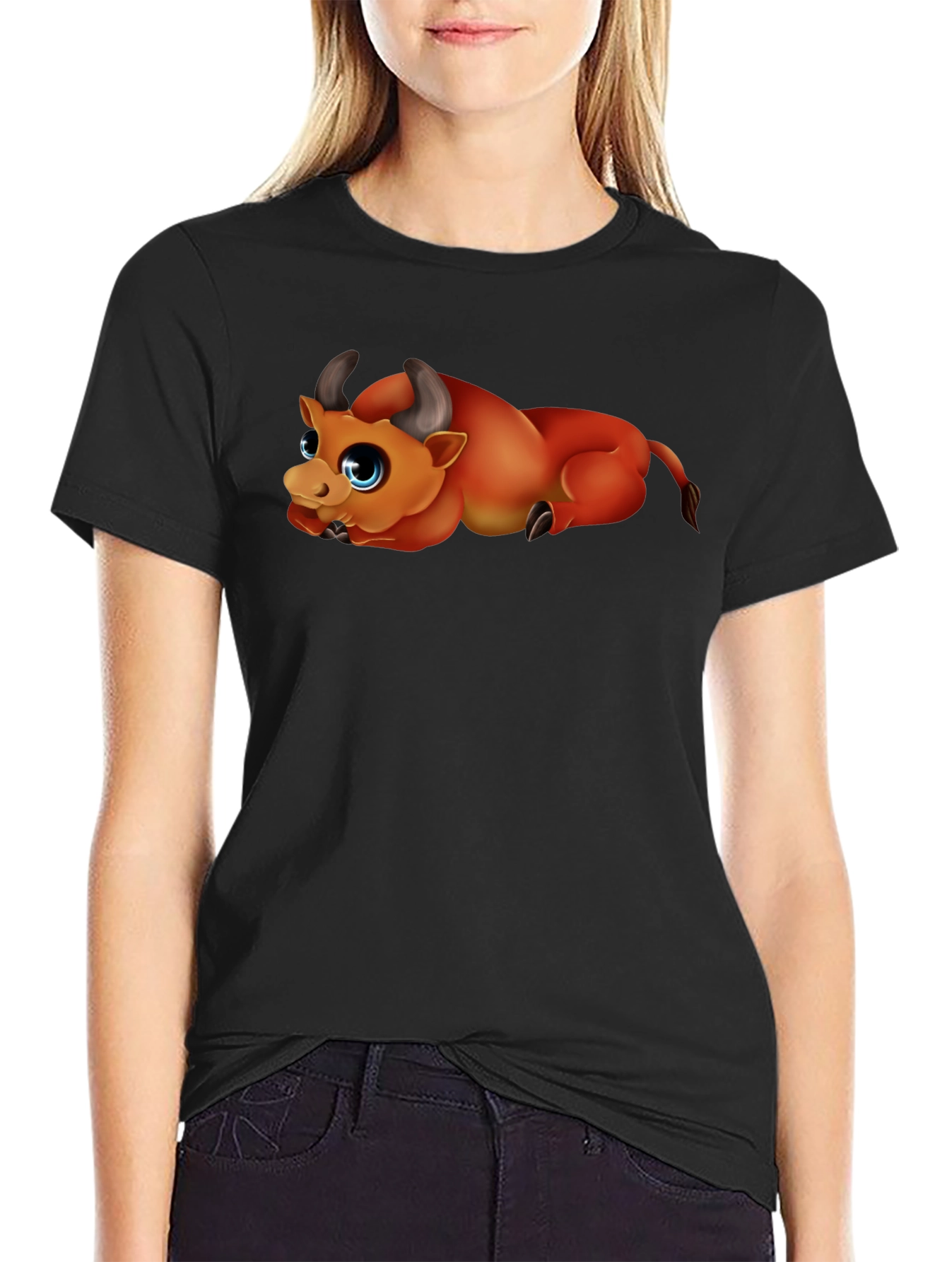 Cute Bull Graphic Black T-Shirt