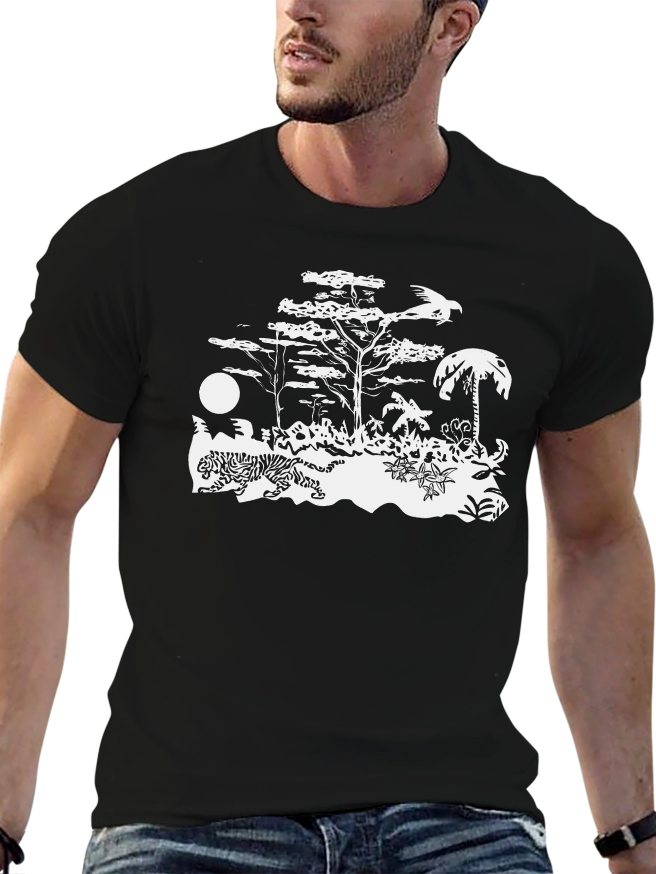 Black T-Shirt w/ Tropical Graphic