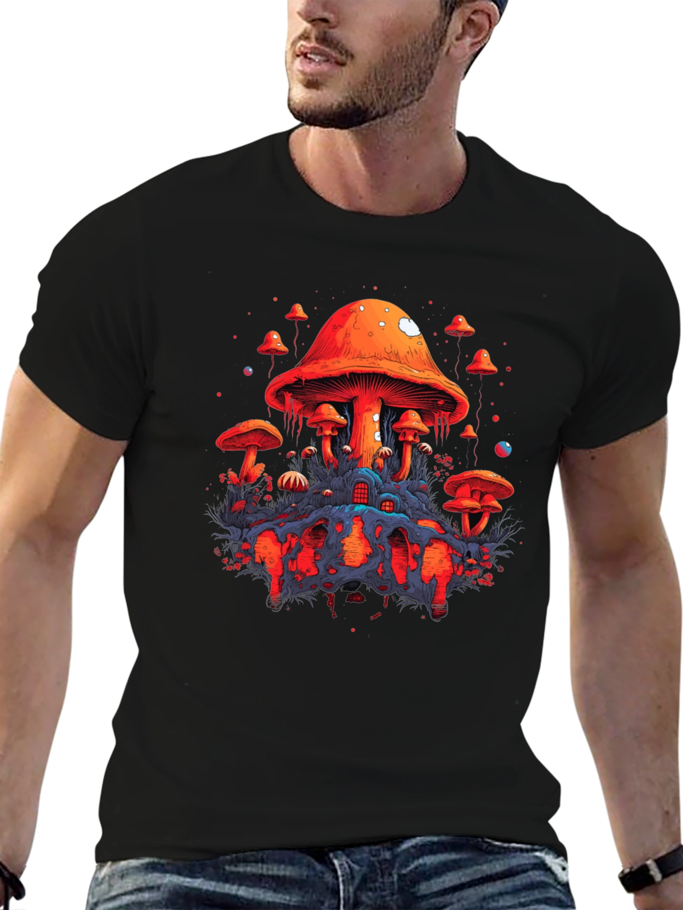 Psychedelic Mushroom Graphic Tee - Unique Black T-Shirt