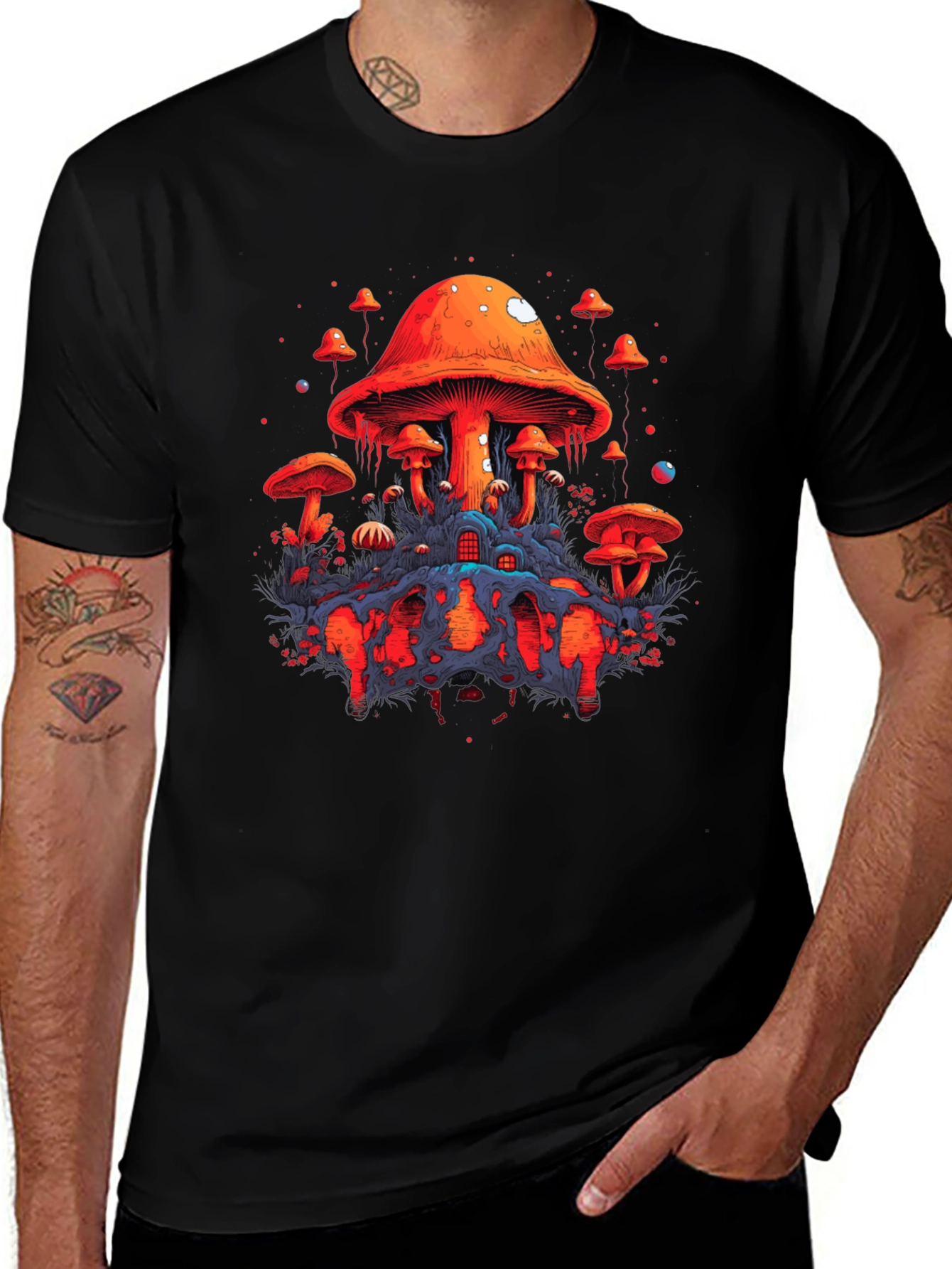 Psychedelic Mushroom Graphic Tee - Unique Black T-Shirt