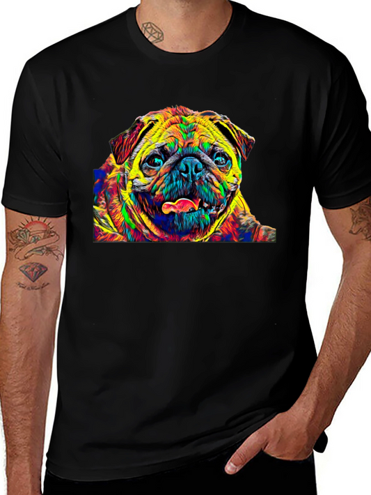 Colorful Pug Graphic T-Shirt - Black