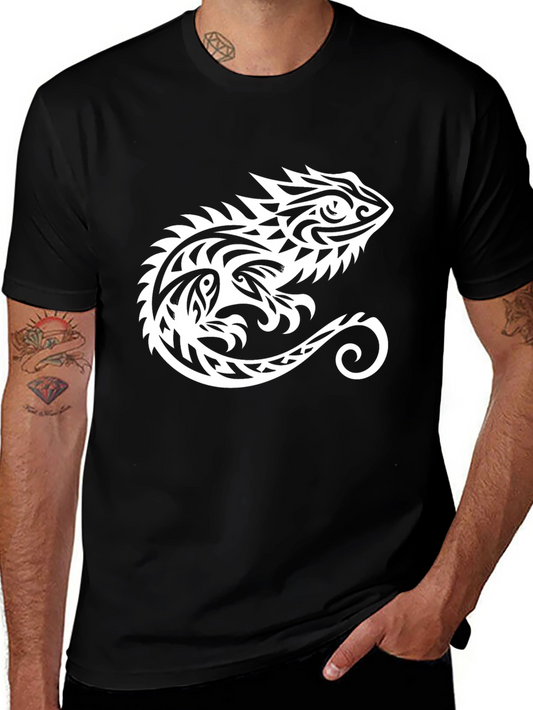 Tribal Chameleon Graphic Tee - Black Cotton Comfort
