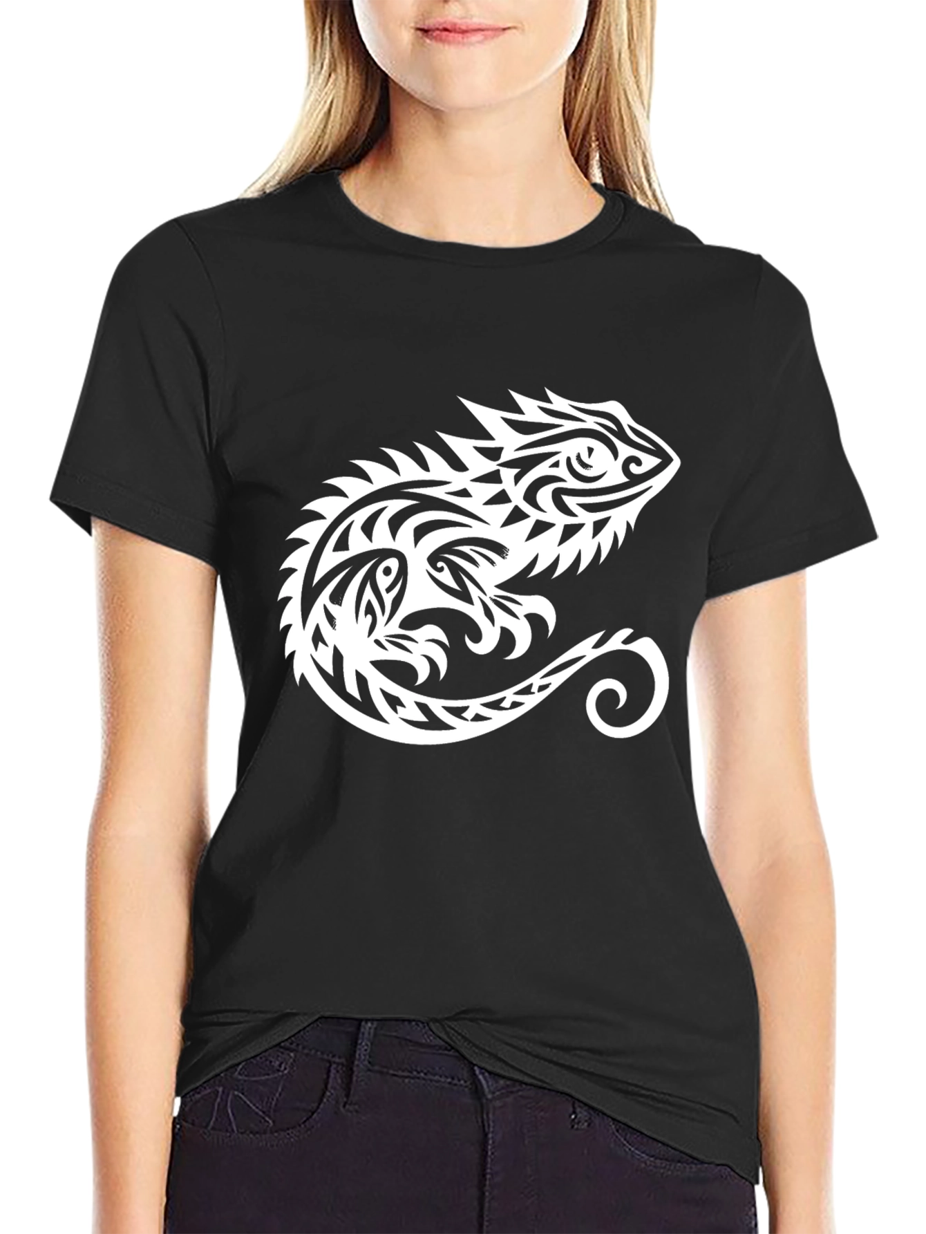 Tribal Chameleon Graphic Tee - Black Cotton Comfort