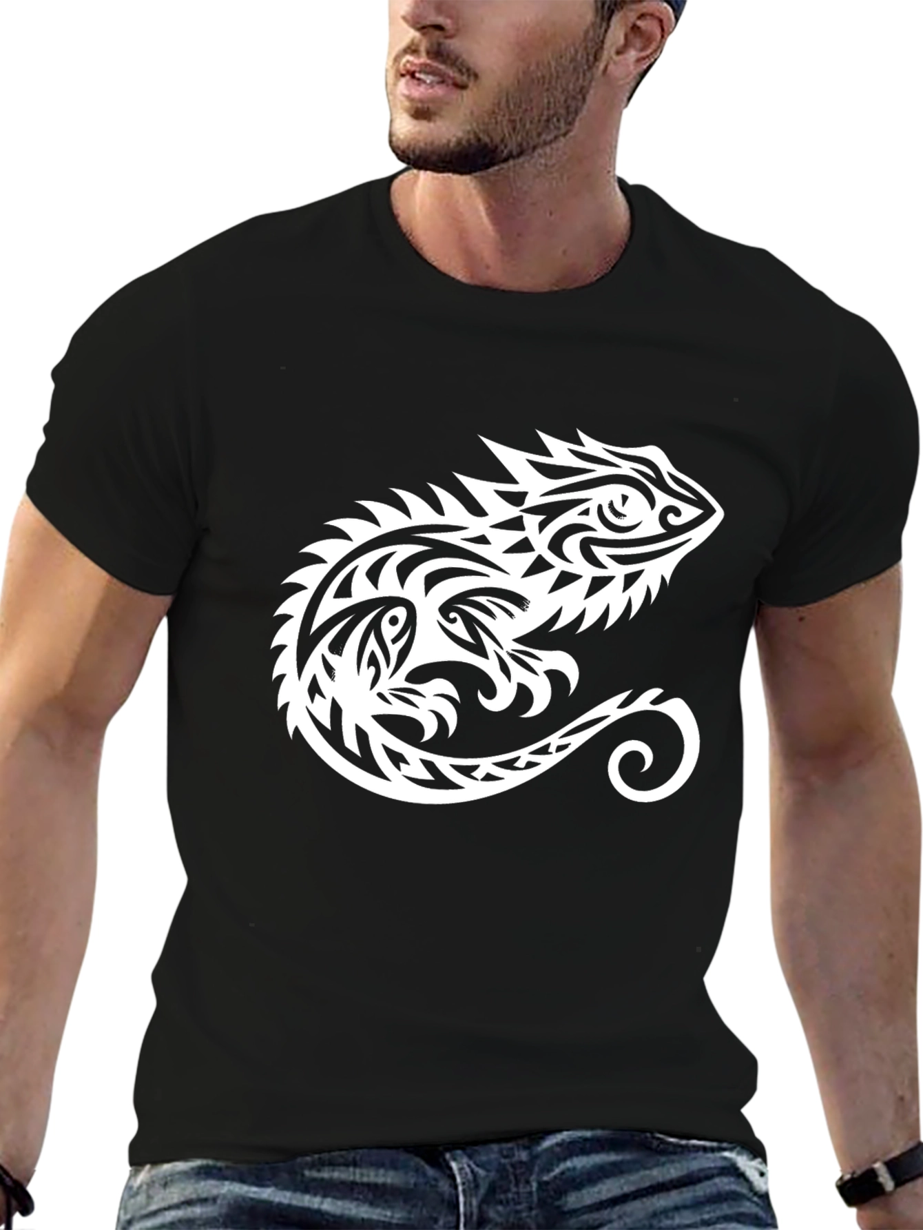 Tribal Chameleon Graphic Tee - Black Cotton Comfort