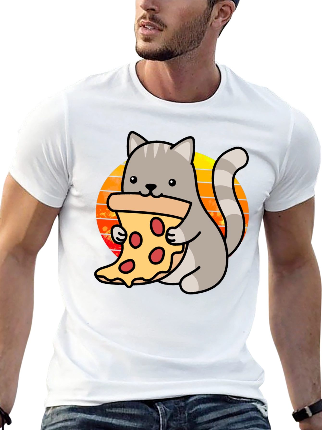 Cat Pizza Black T-Shirt - Cute Cartoon Graphic Tee