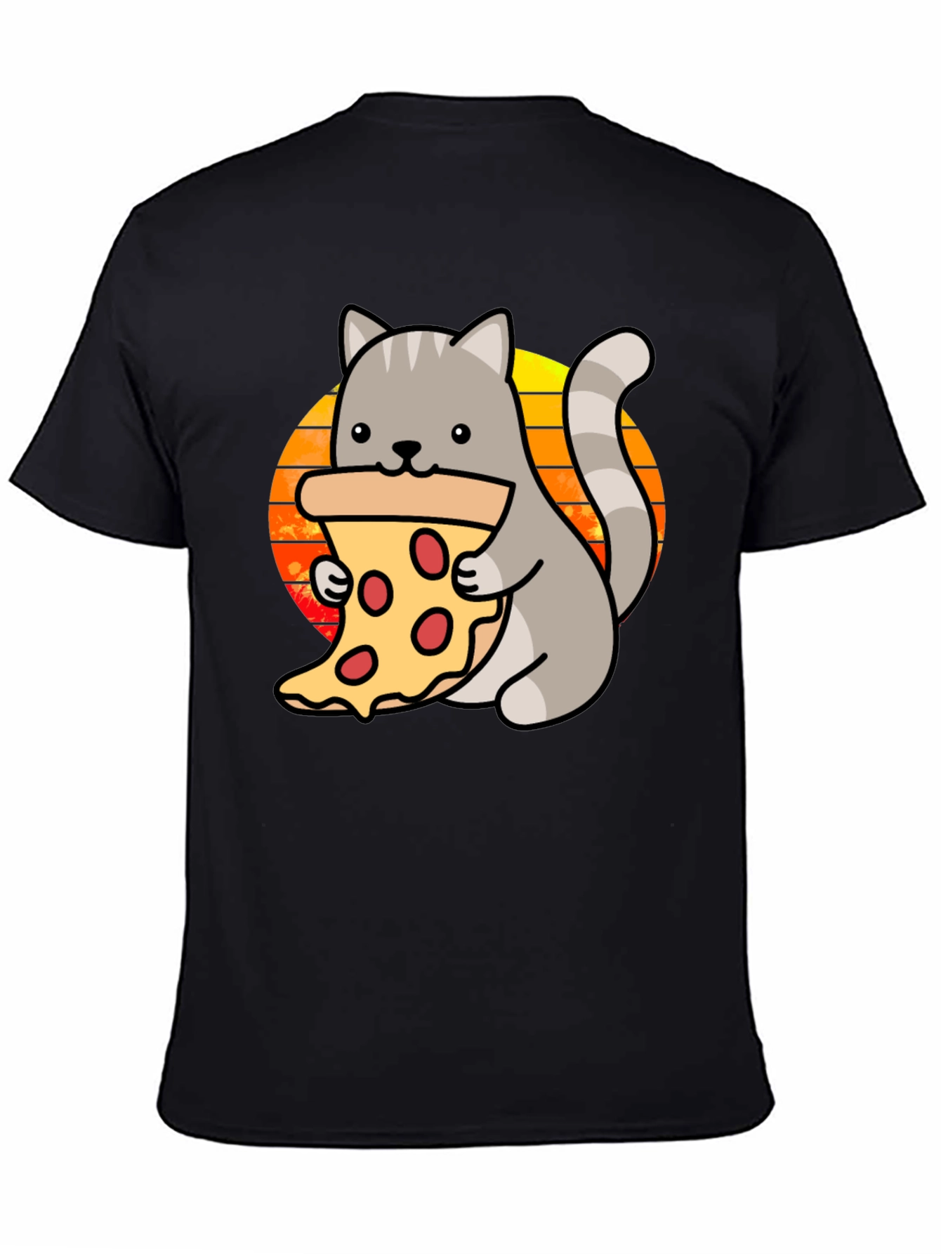 Cat Pizza Black T-Shirt - Cute Cartoon Graphic Tee