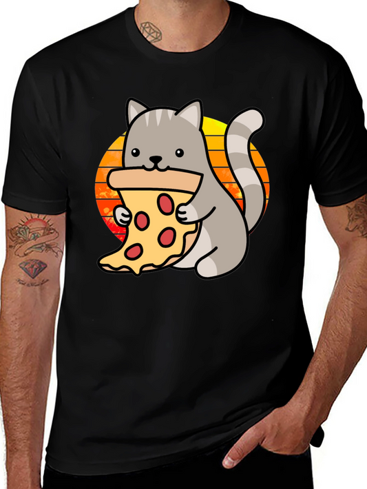 Cat Pizza Black T-Shirt - Cute Cartoon Graphic Tee
