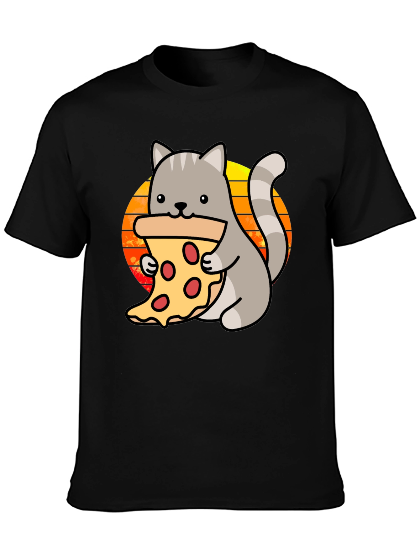Cat Pizza Black T-Shirt - Cute Cartoon Graphic Tee