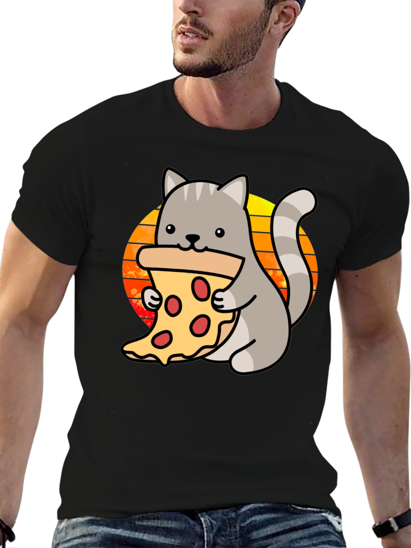 Cat Pizza Black T-Shirt - Cute Cartoon Graphic Tee