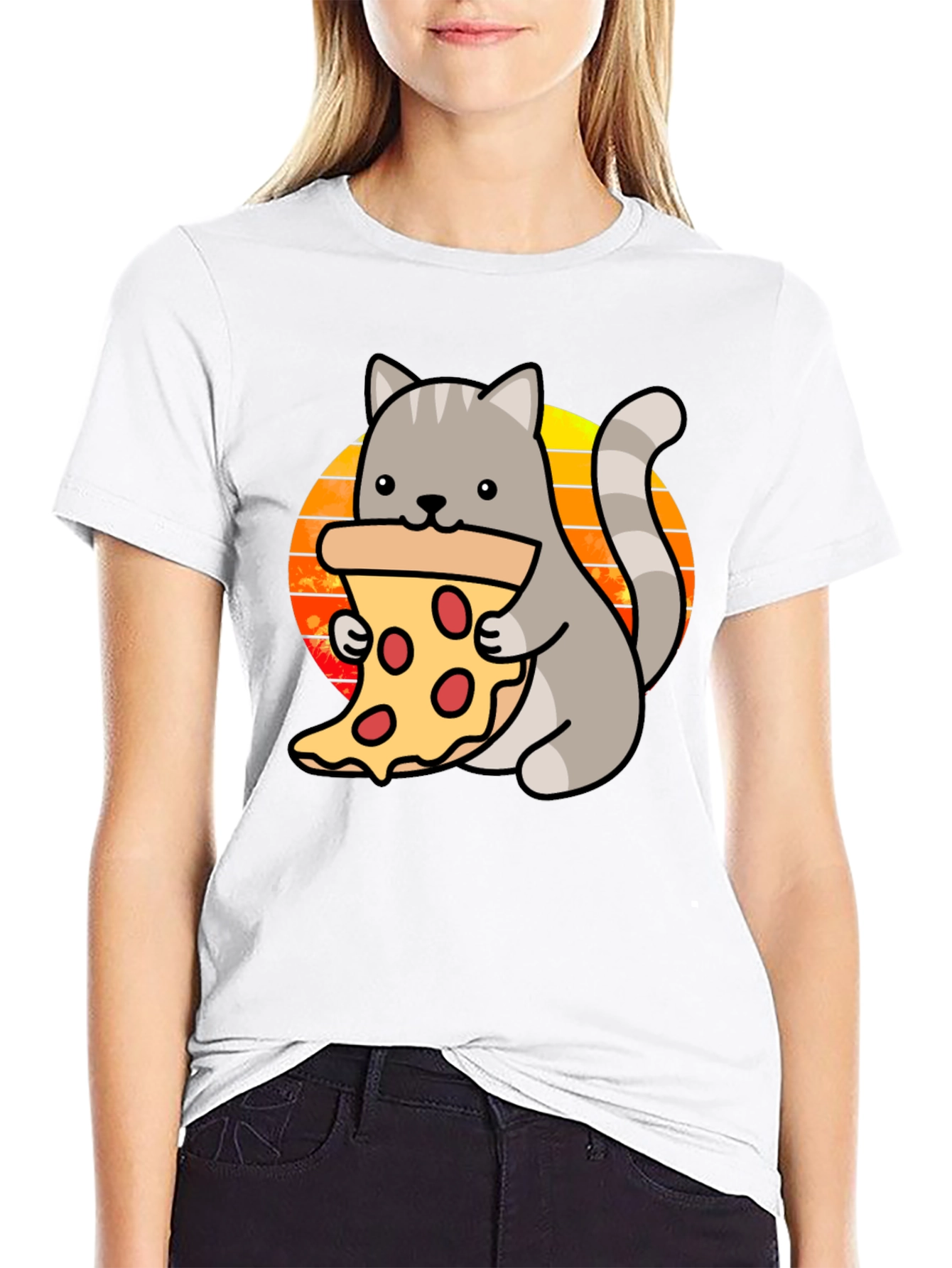 Cat Pizza Black T-Shirt - Cute Cartoon Graphic Tee
