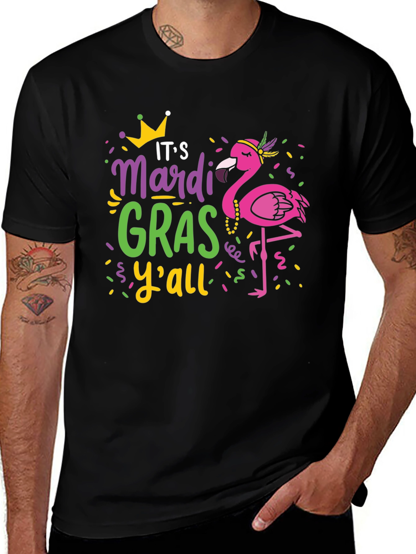 Mardi Gras Flamingo Graphic T-Shirt