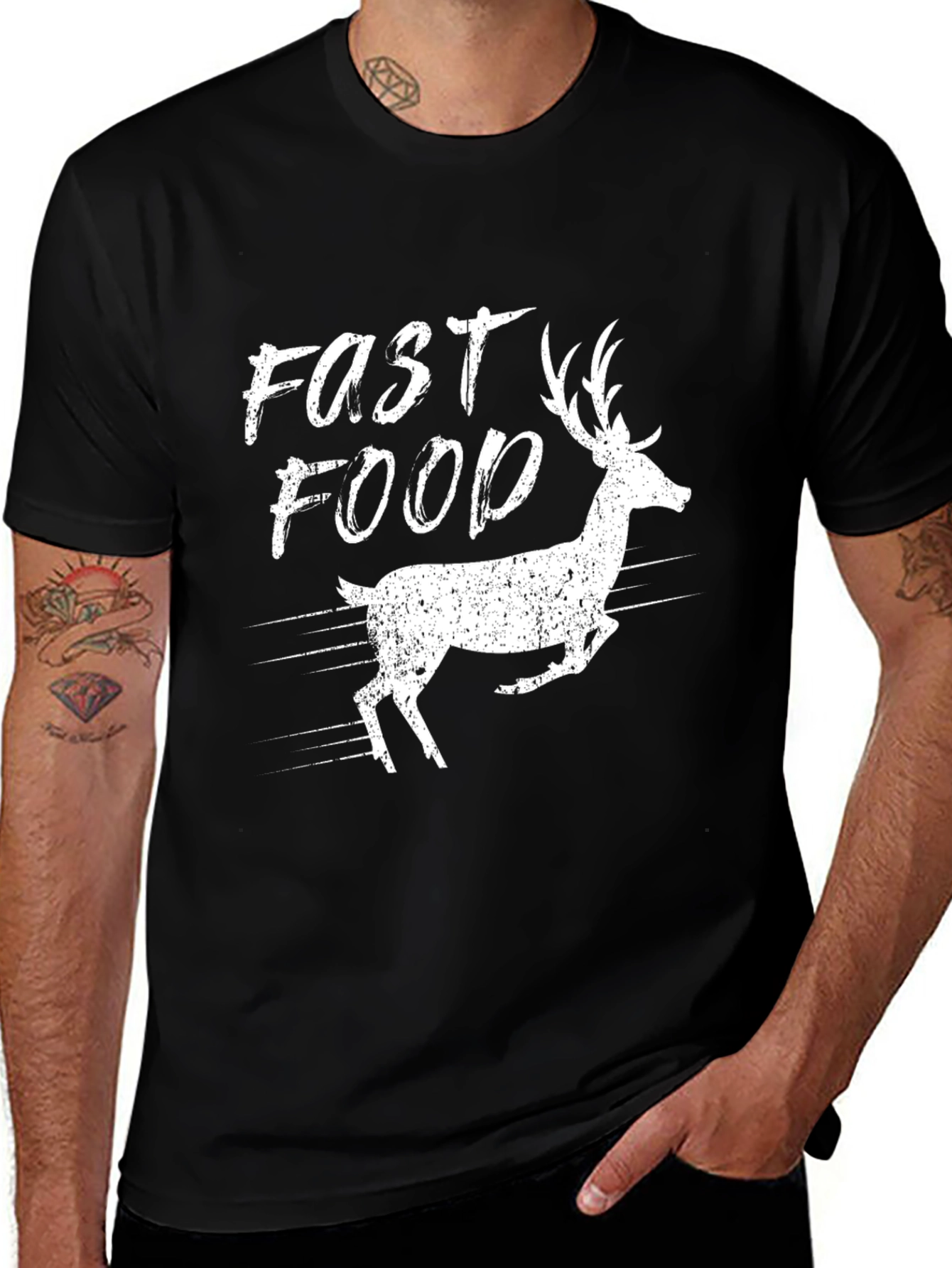 Fast Food Deer Graphic Tee - Black Cotton T-Shirt