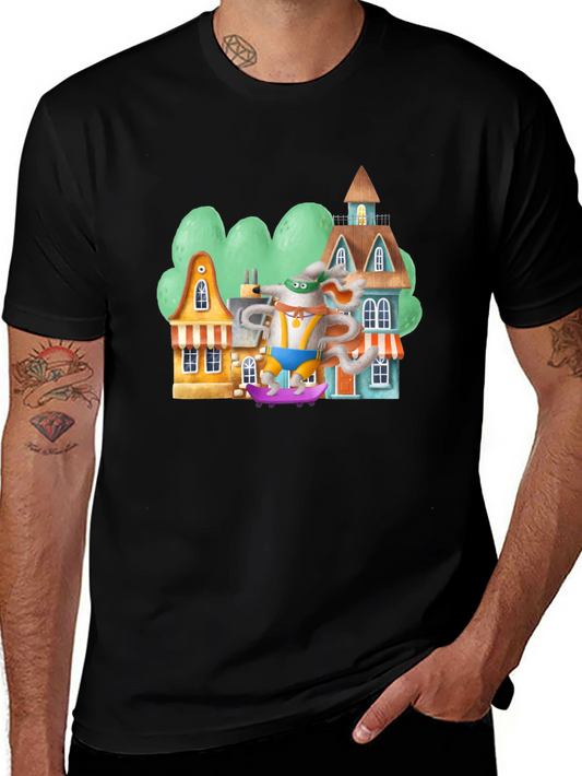 Cartoon Mouse Skateboarder Graphic Tee - Black Cotton Blend