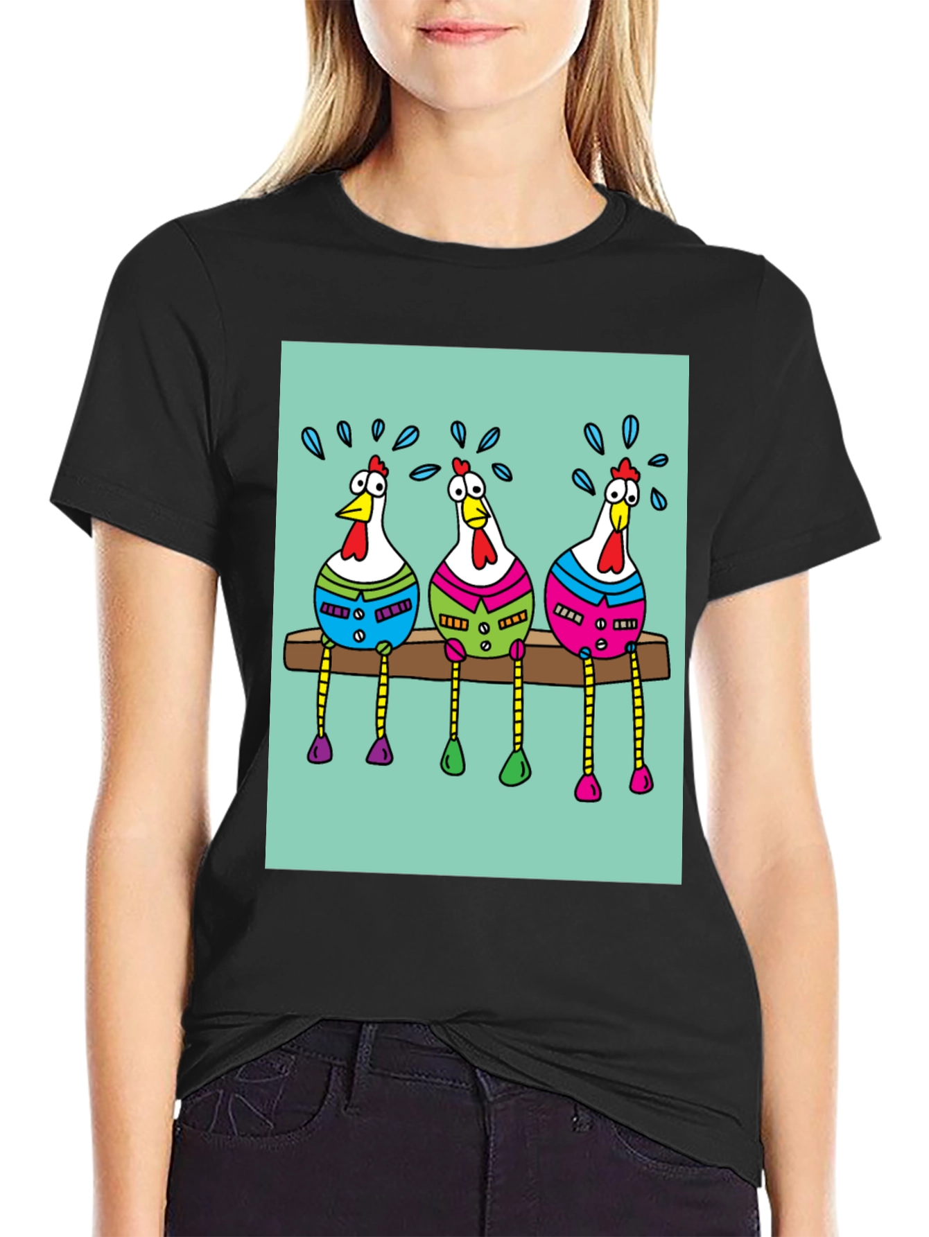 Funny Chicken Graphic Print Black T-Shirt