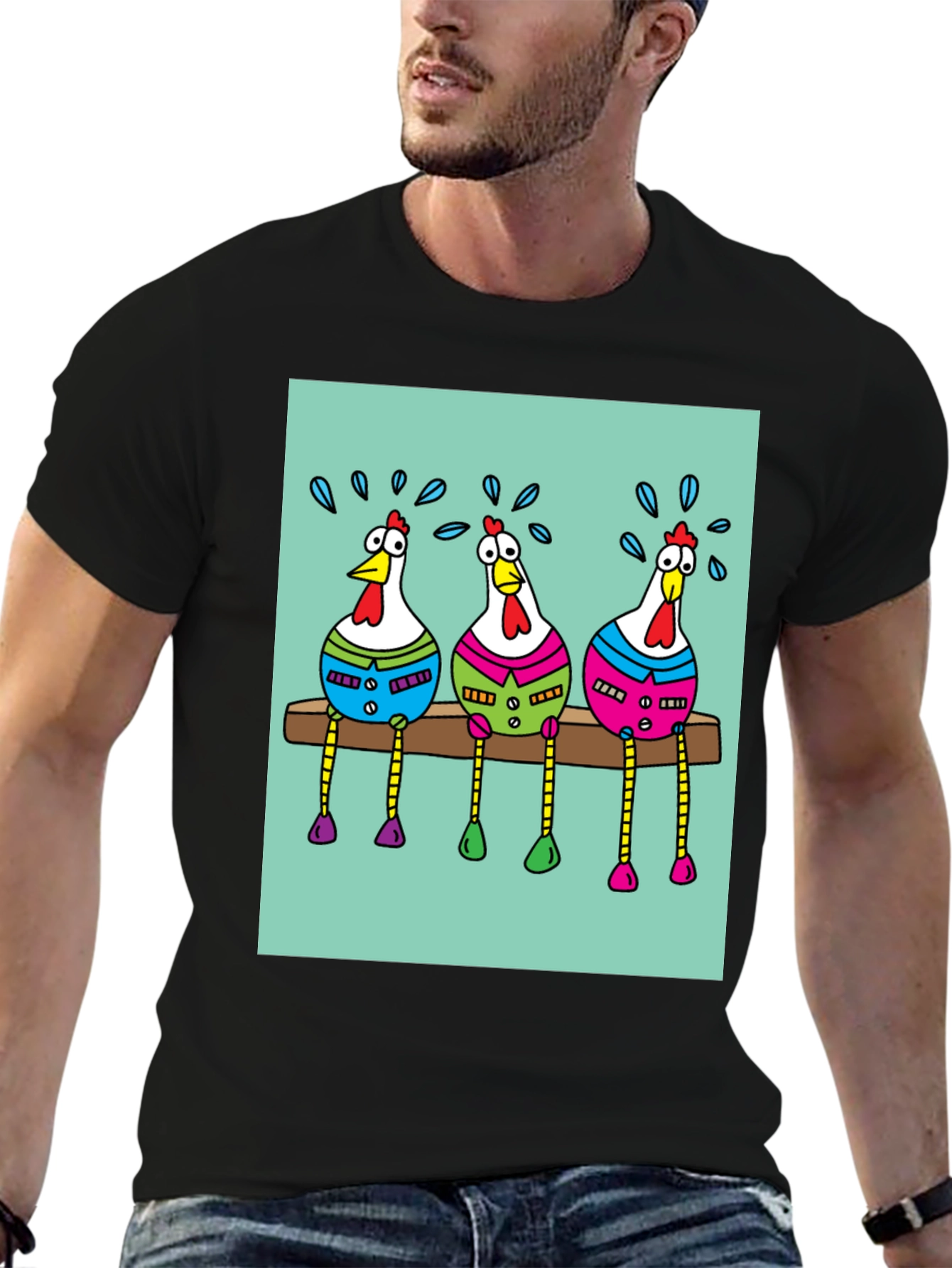 Funny Chicken Graphic Print Black T-Shirt