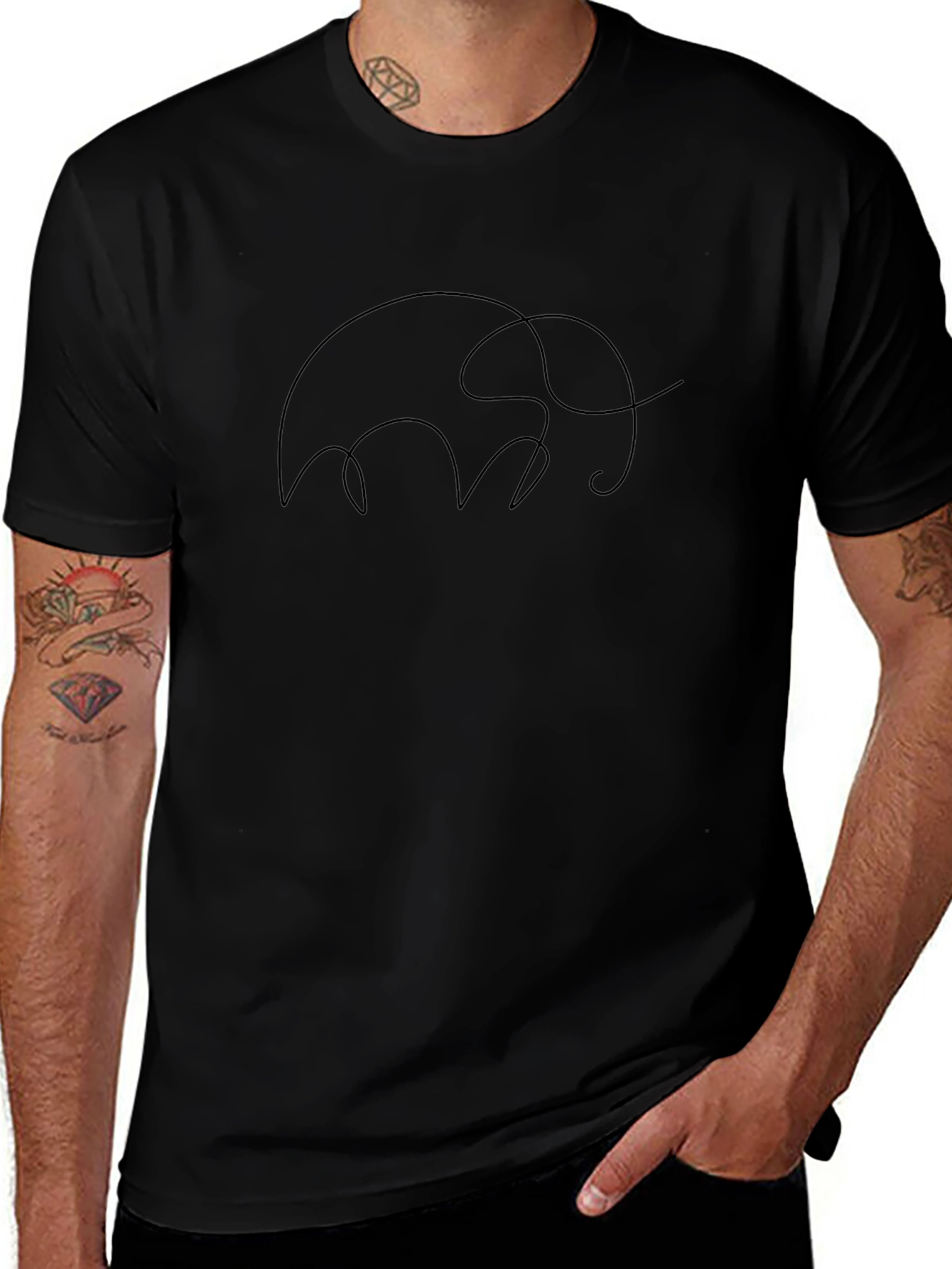 Minimalist Elephant Line Art Black T-Shirt