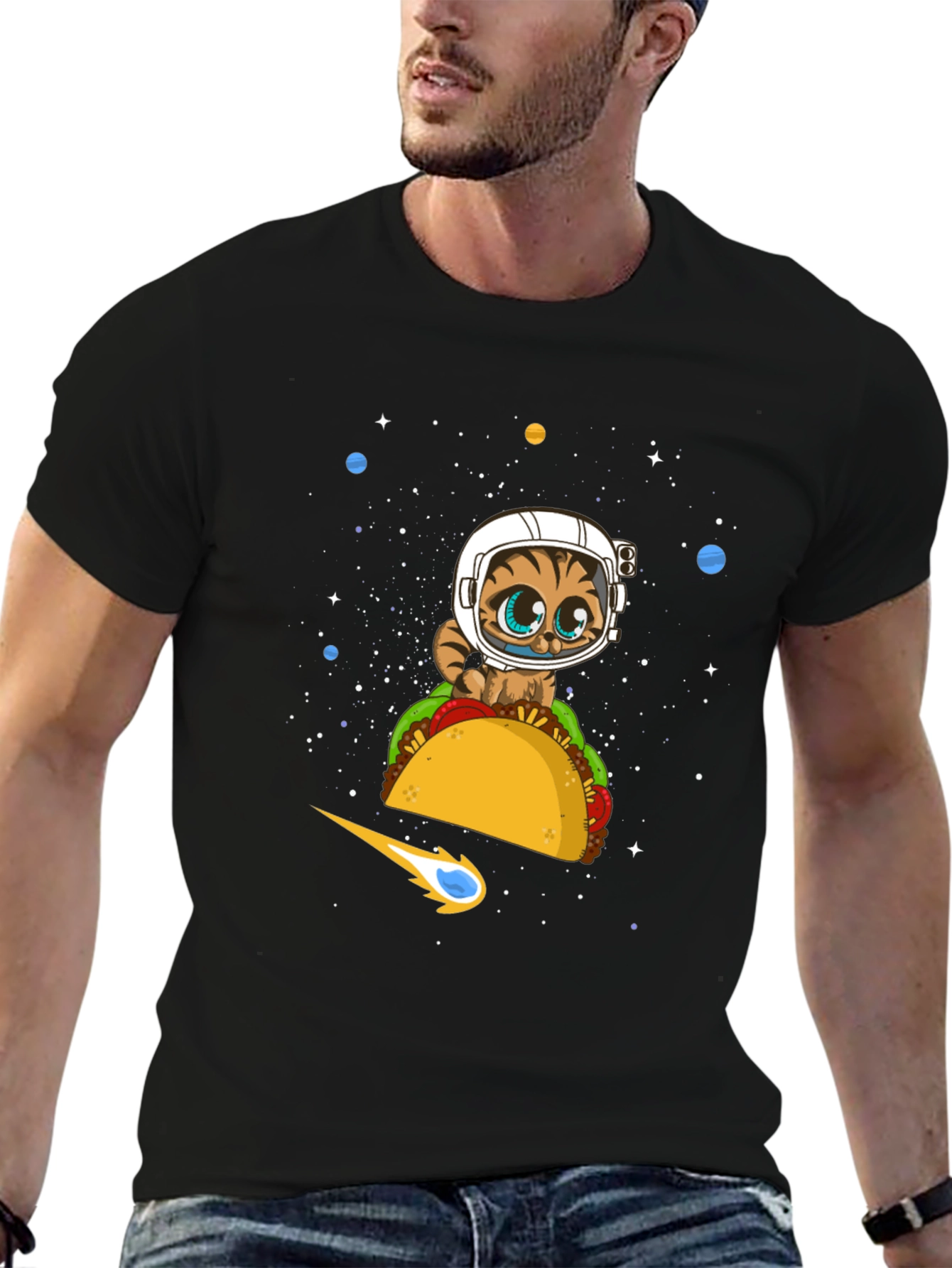Space Cat Taco Black T-Shirt