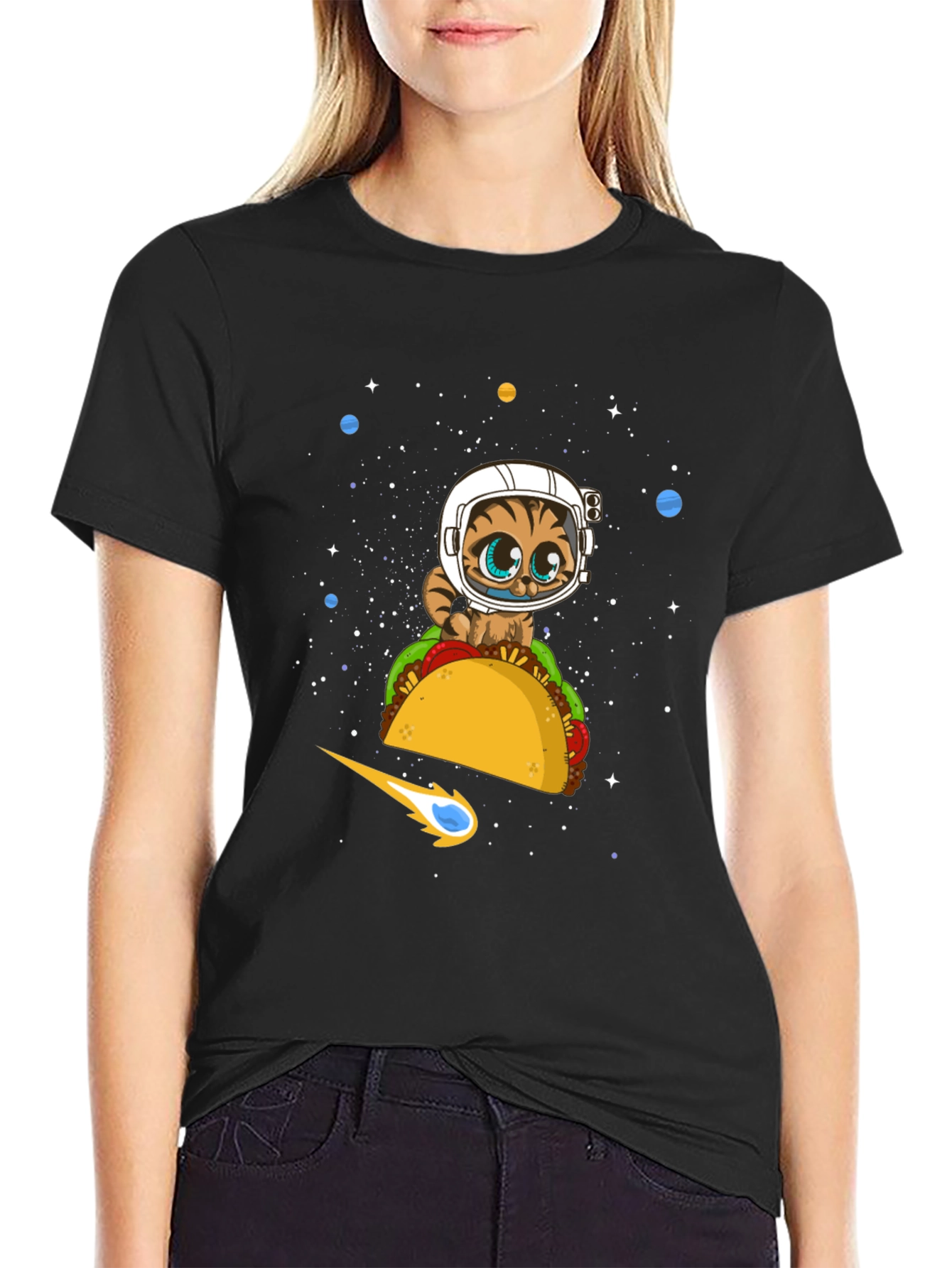 Space Cat Taco Black T-Shirt