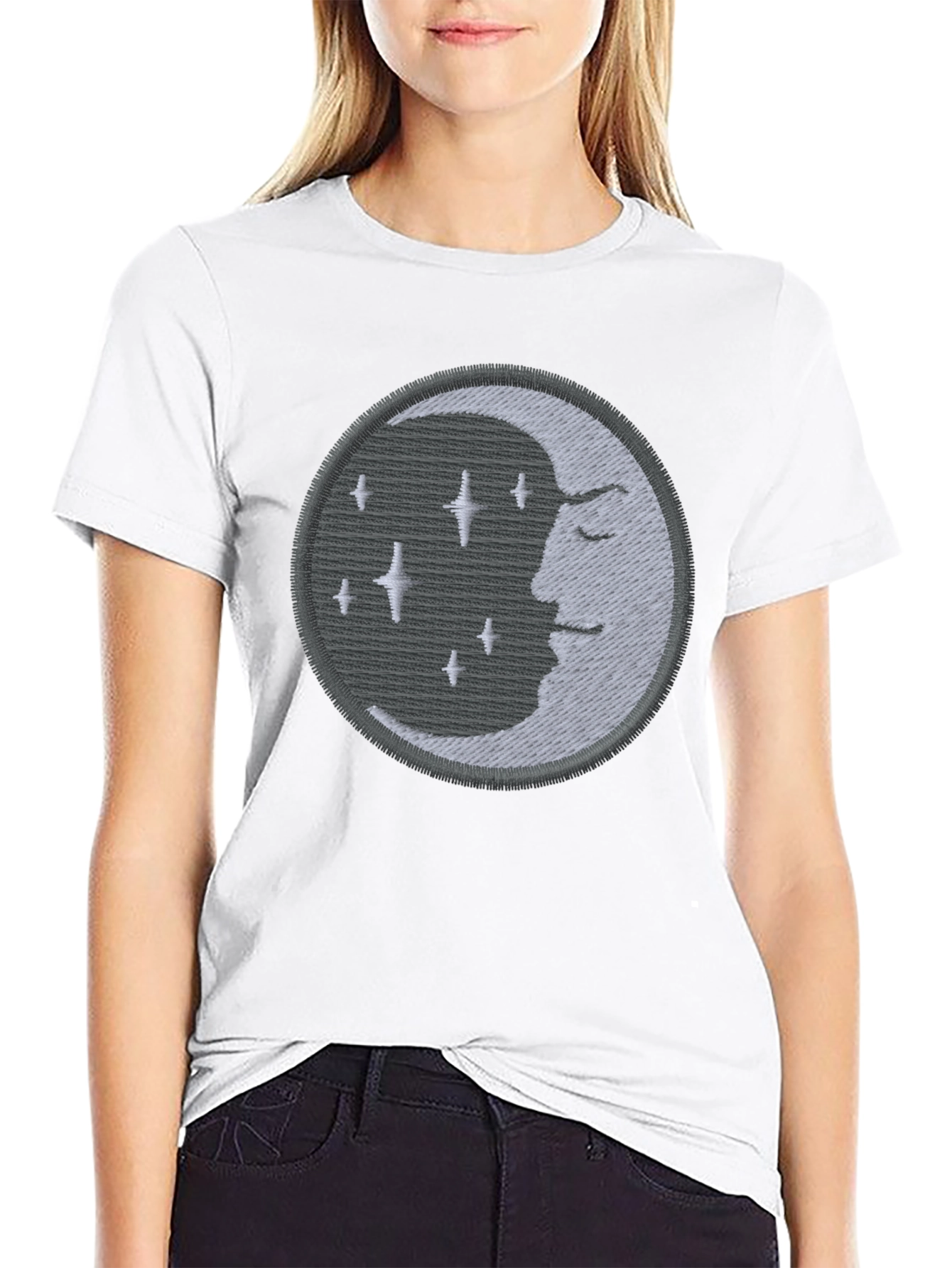 Celestial Moon Embroidered Black T-Shirt