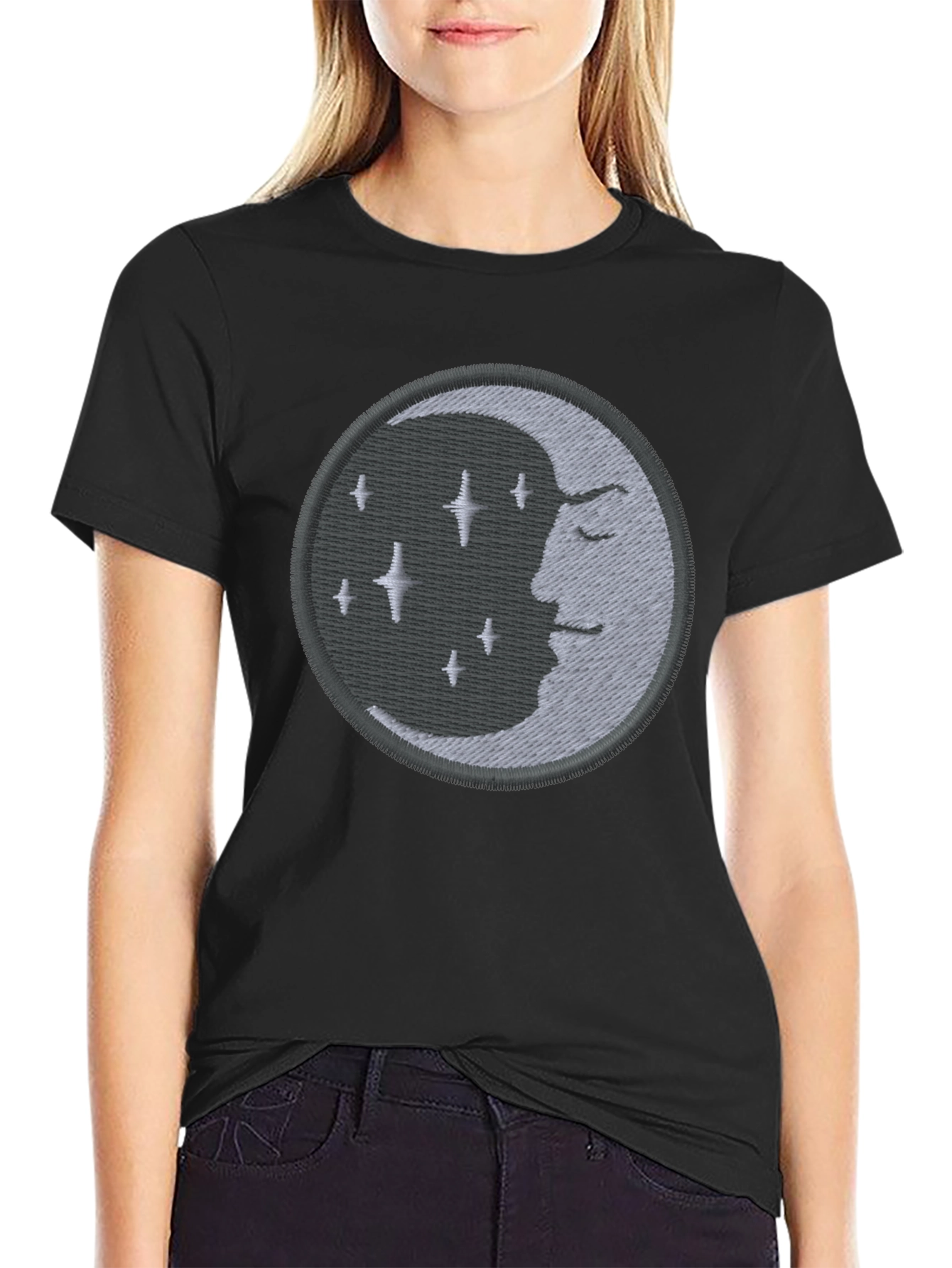 Celestial Moon Embroidered Black T-Shirt