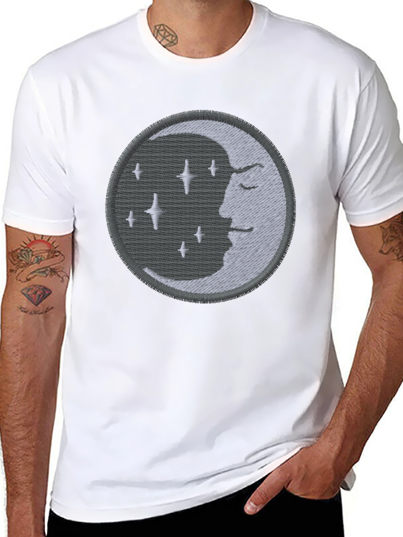 Celestial Moon Embroidered Black T-Shirt