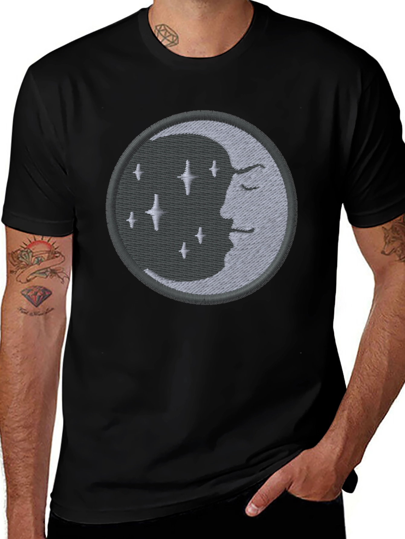 Celestial Moon Embroidered Black T-Shirt