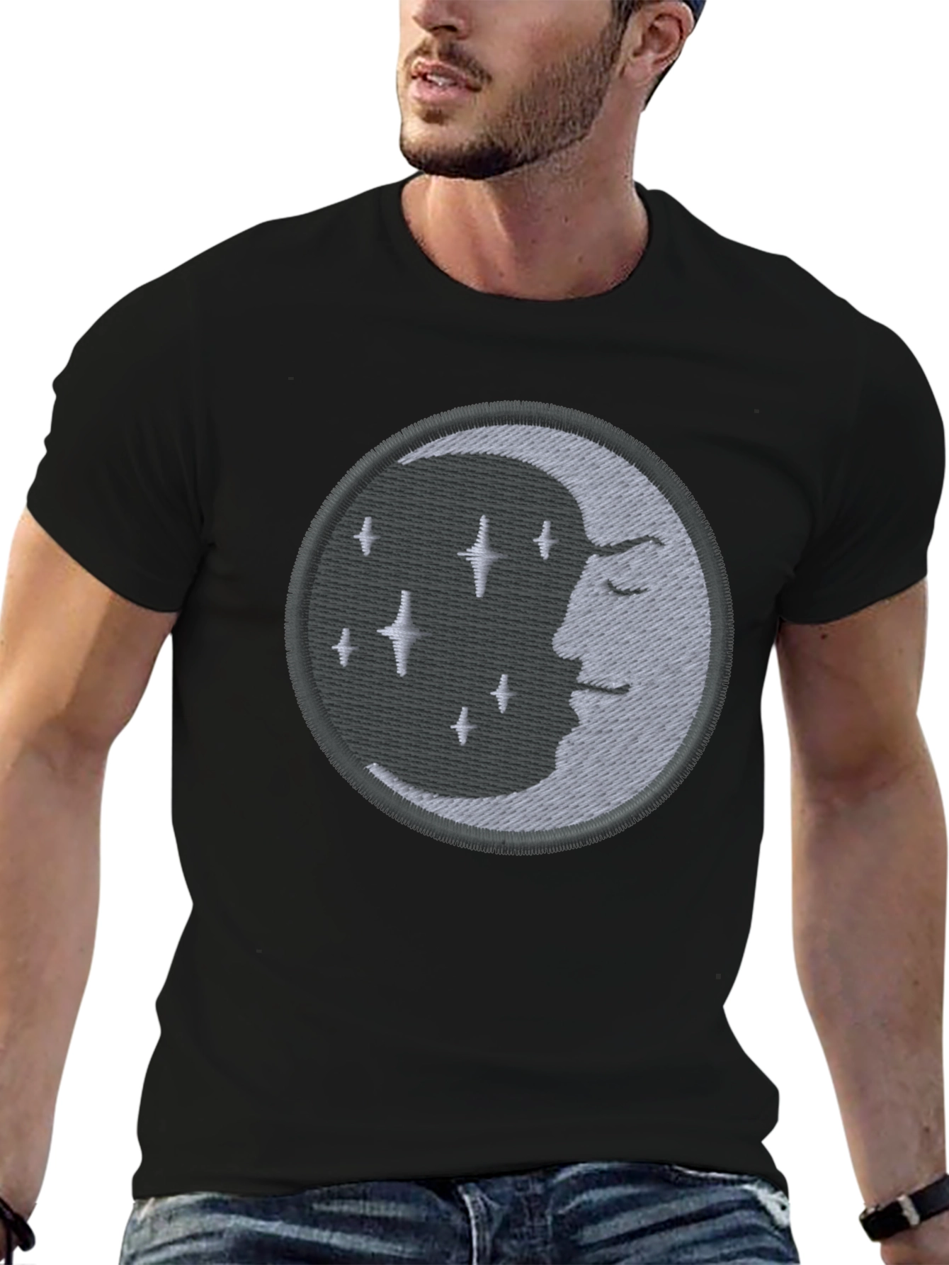 Celestial Moon Embroidered Black T-Shirt