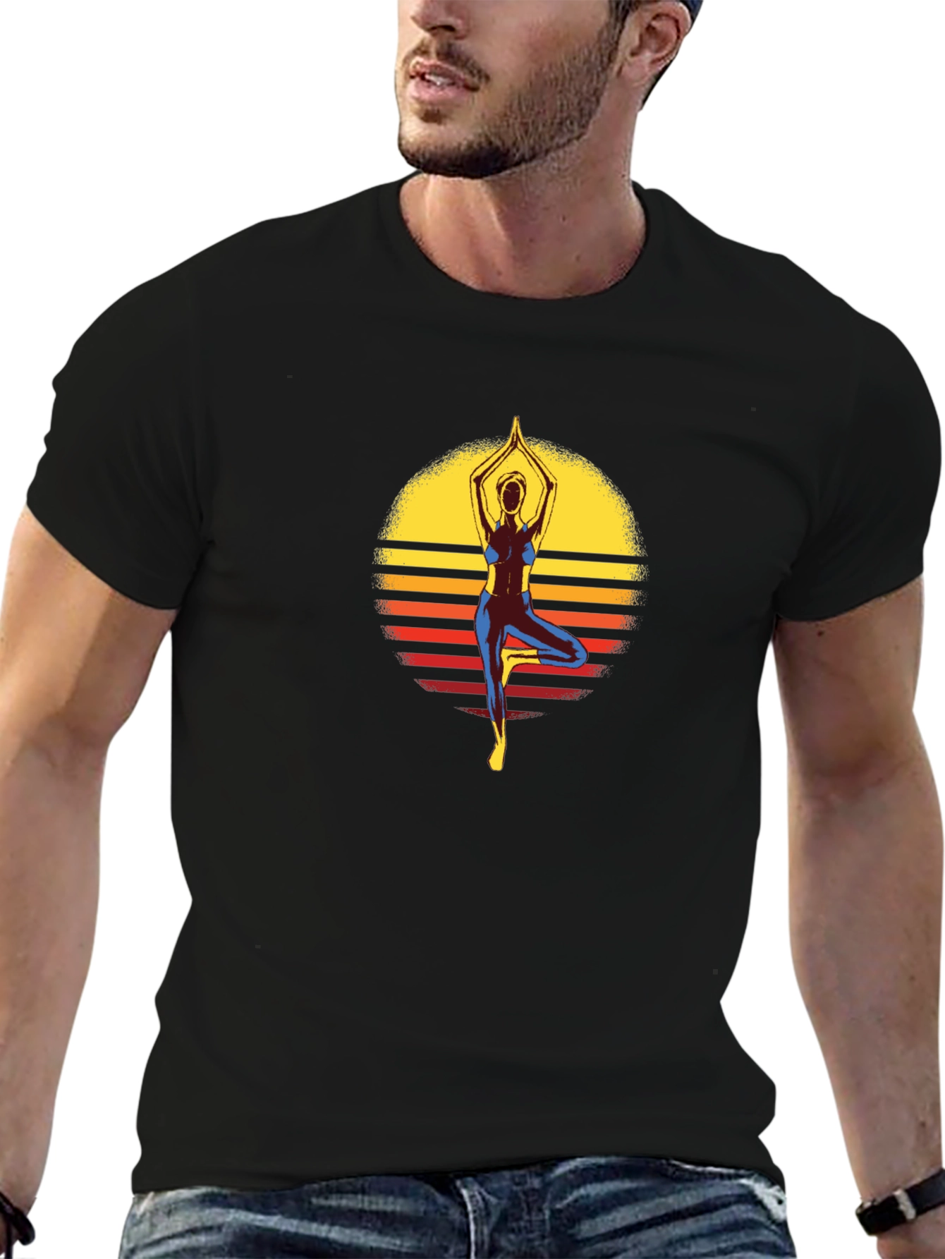 Yoga Pose Sunset Graphic Tee - Black Cotton Shirt