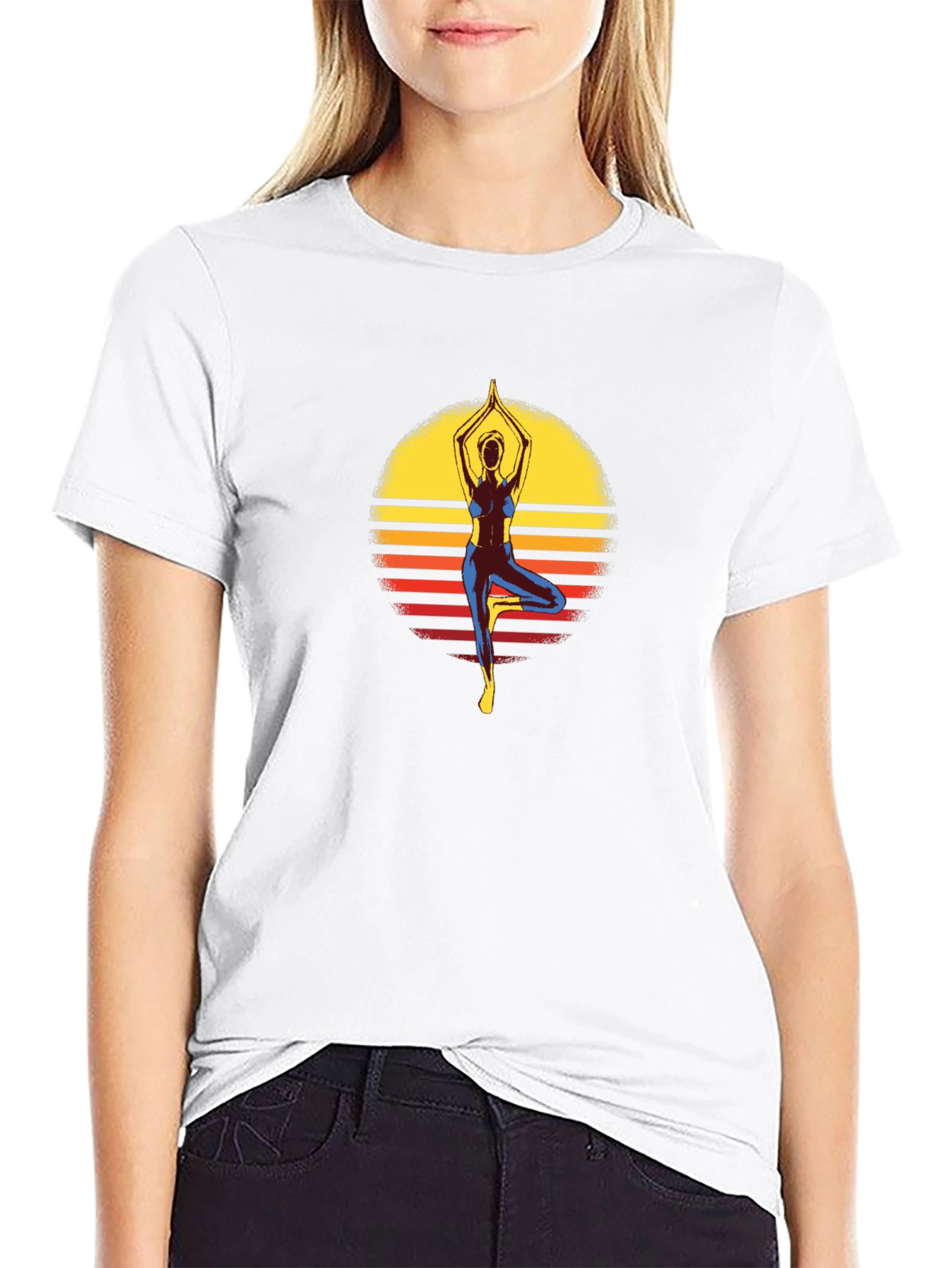 Yoga Pose Sunset Graphic Tee - Black Cotton Shirt