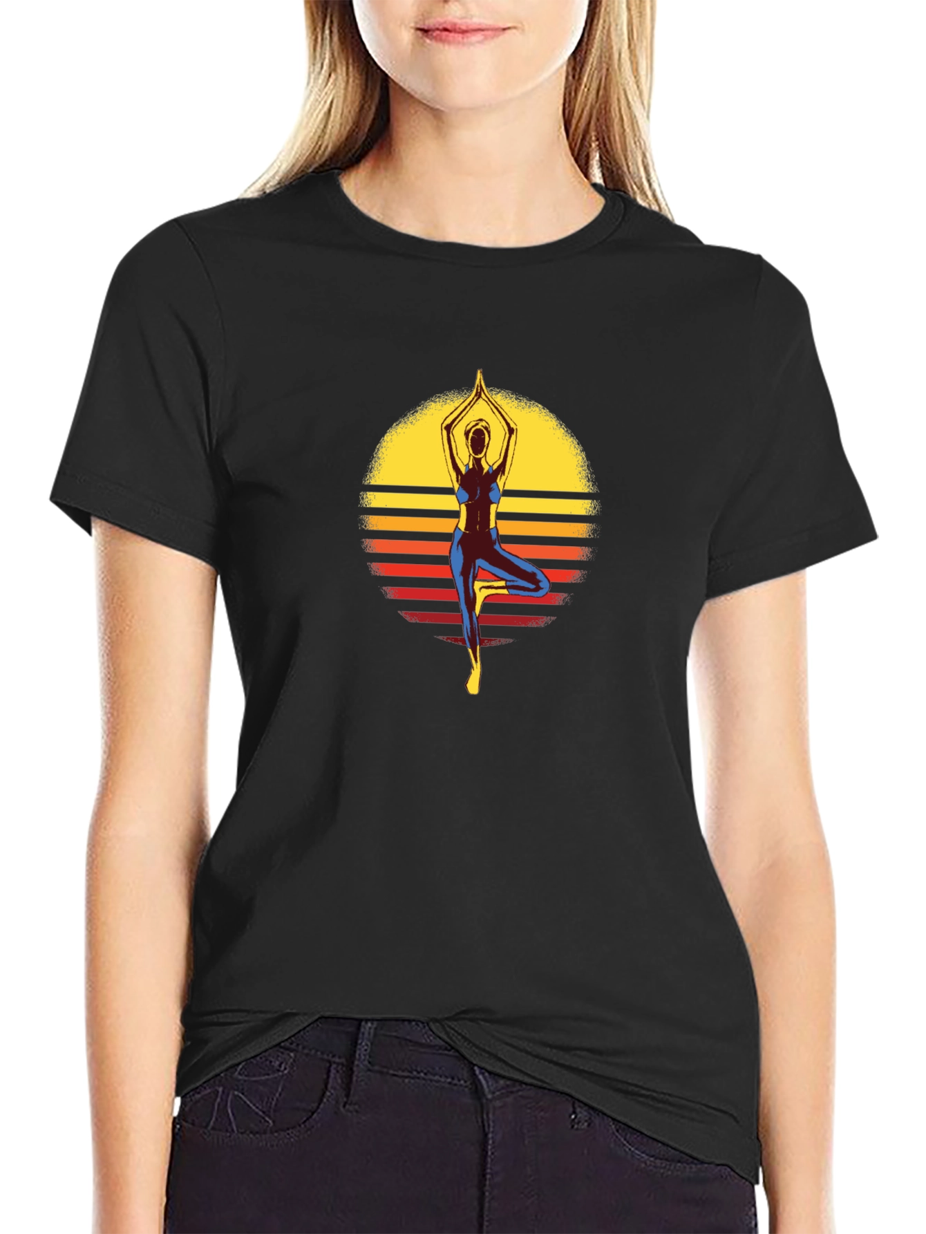 Yoga Pose Sunset Graphic Tee - Black Cotton Shirt